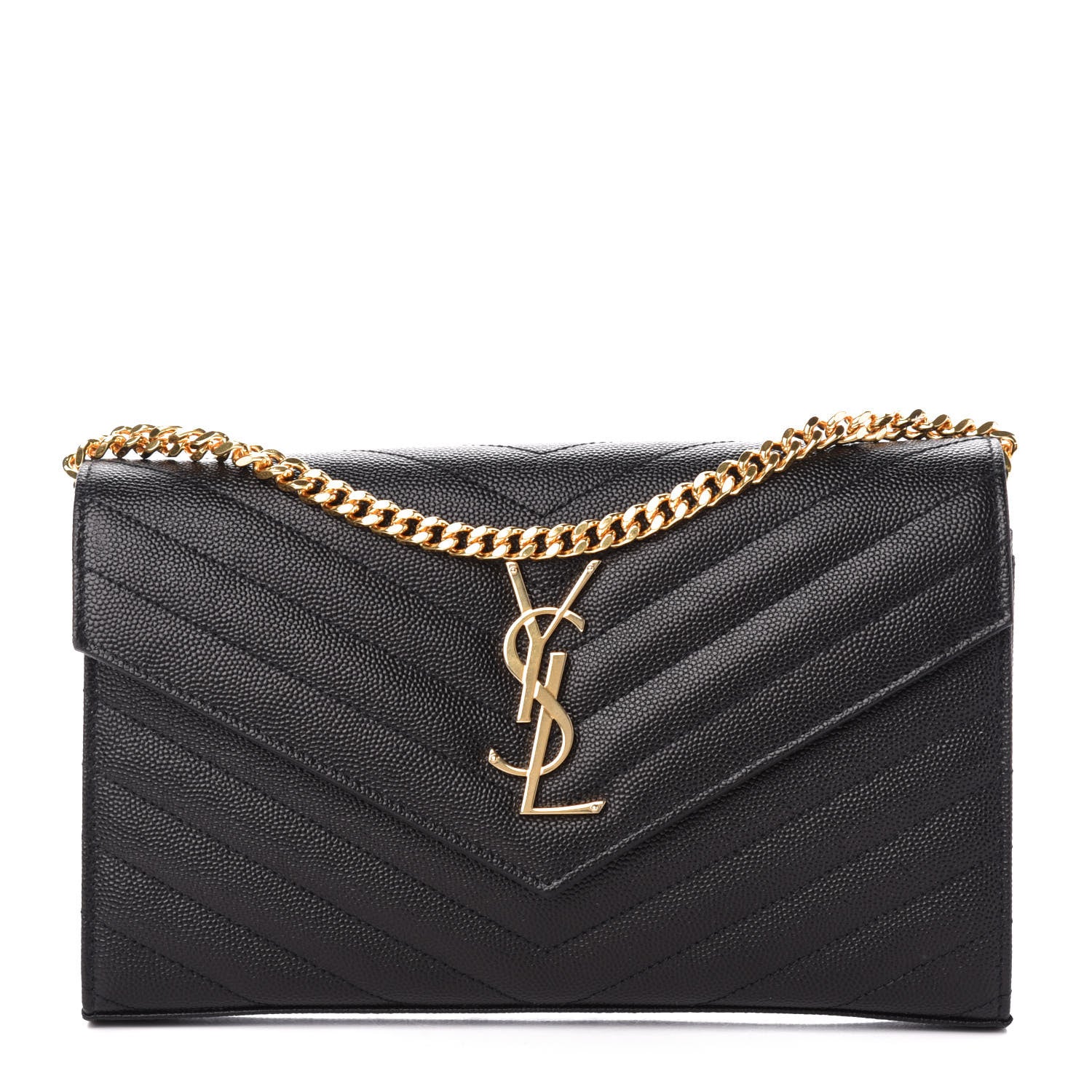 Saint Laurent Grain De Poudre Matelasse Chevron Monogram Chain Wallet Black 1 of 9