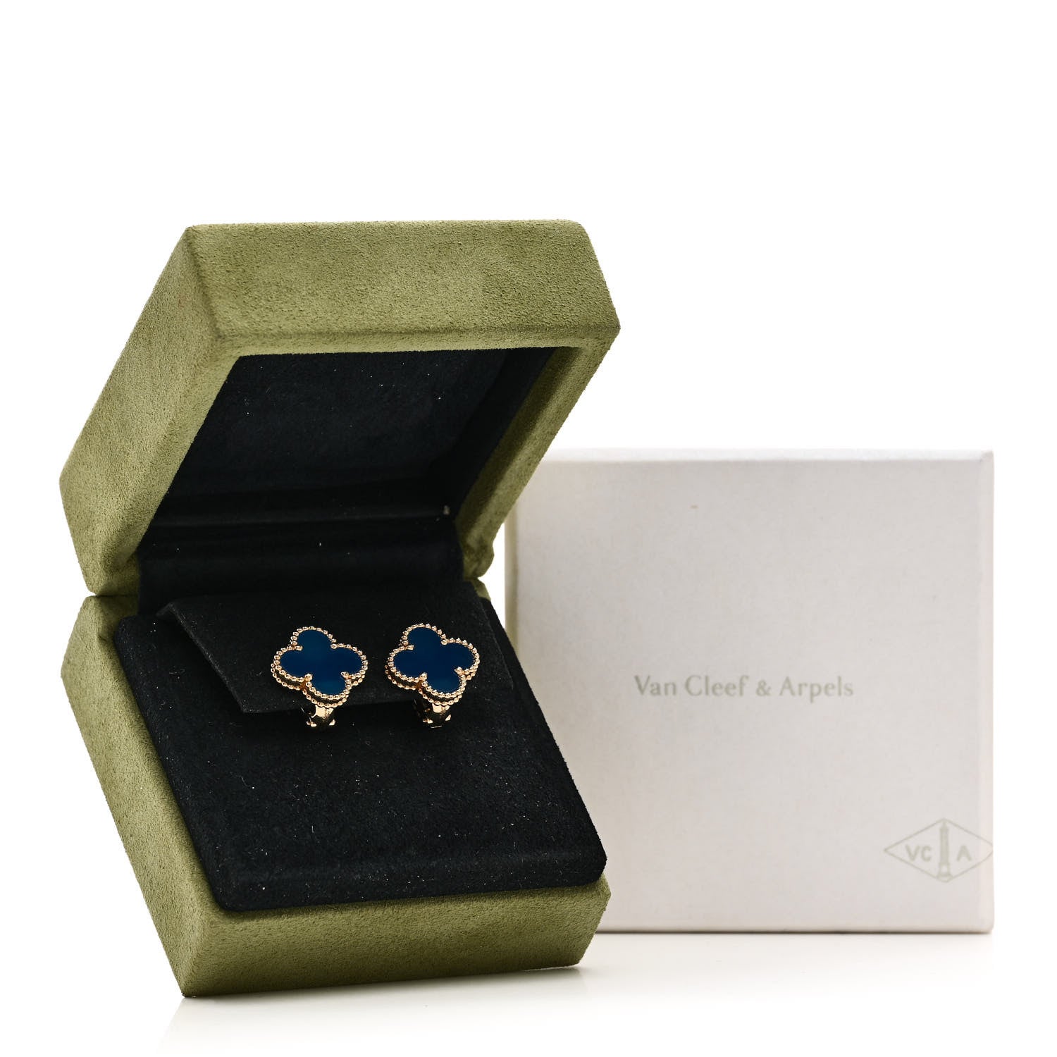 Van Cleef & Arpels 18K Yellow Gold Blue Agate Vintage Alhambra Earrings 5 of 5