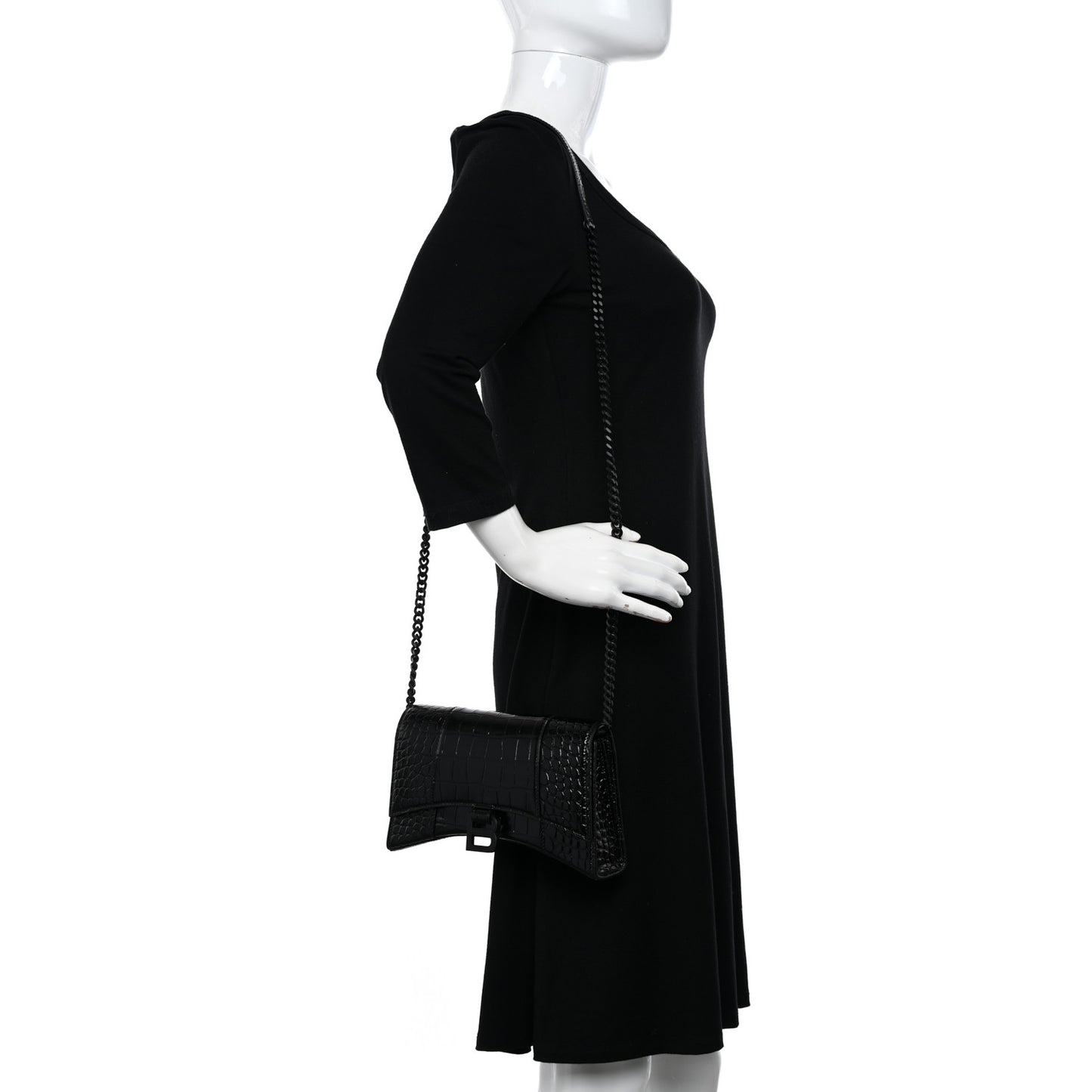 Shiny Calfskin Monochrome Crocodile Embossed Small Hourglass Evening Chain Bag Black