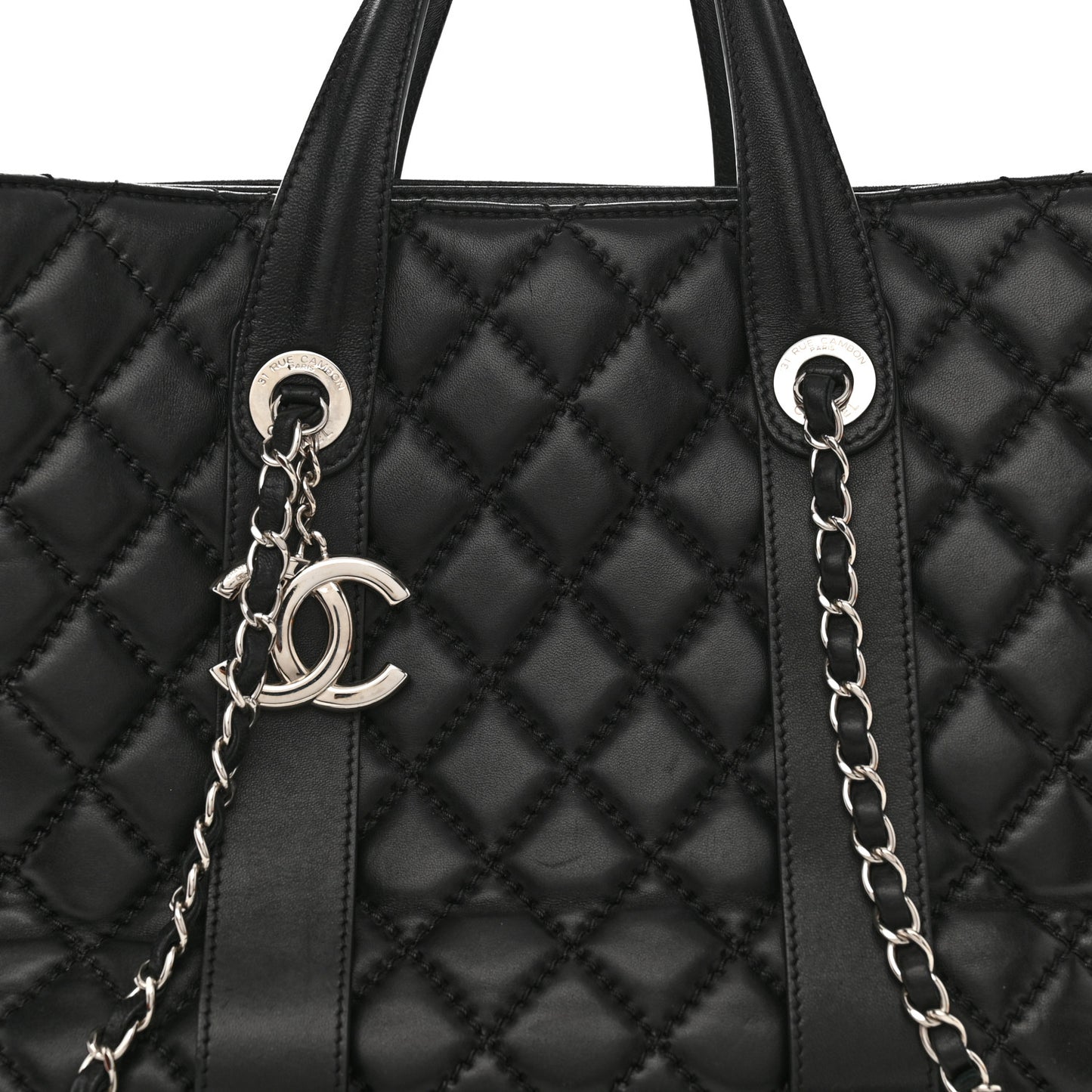Lambskin Quilted Large Easy Carry Shopping Tote Black
