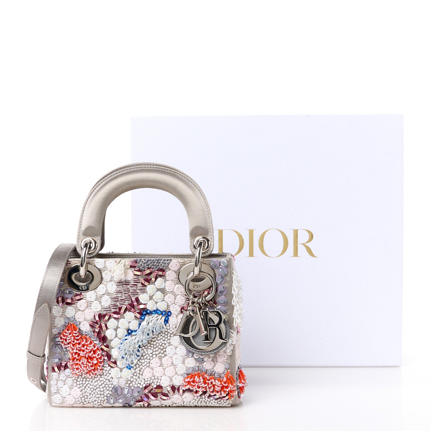 Christian Dior Satin Beaded Sequin Mini Lady Dior Grey Multicolor 11 of 11