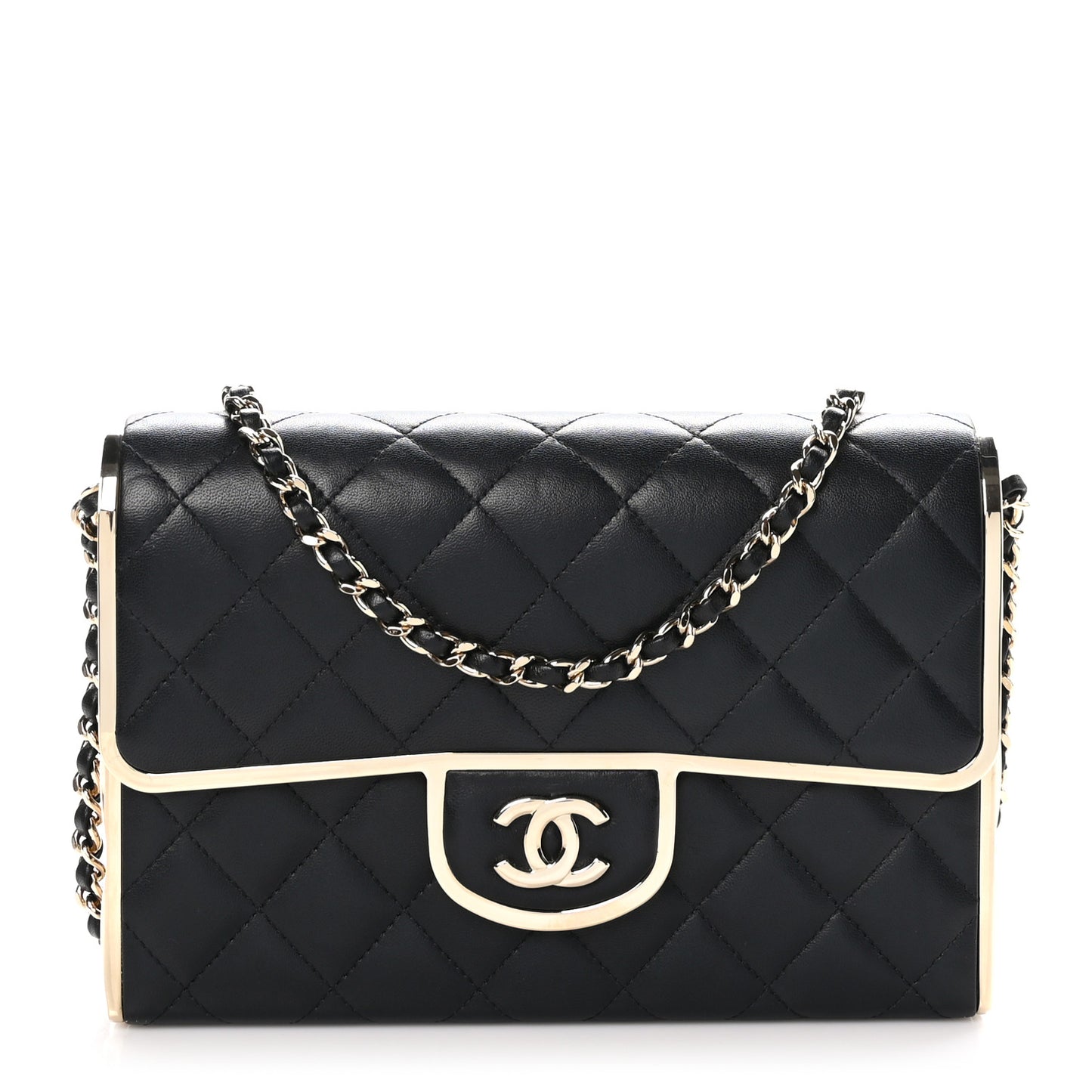 Lambskin Metal Quilted Medium Evening Bag With Chain Black