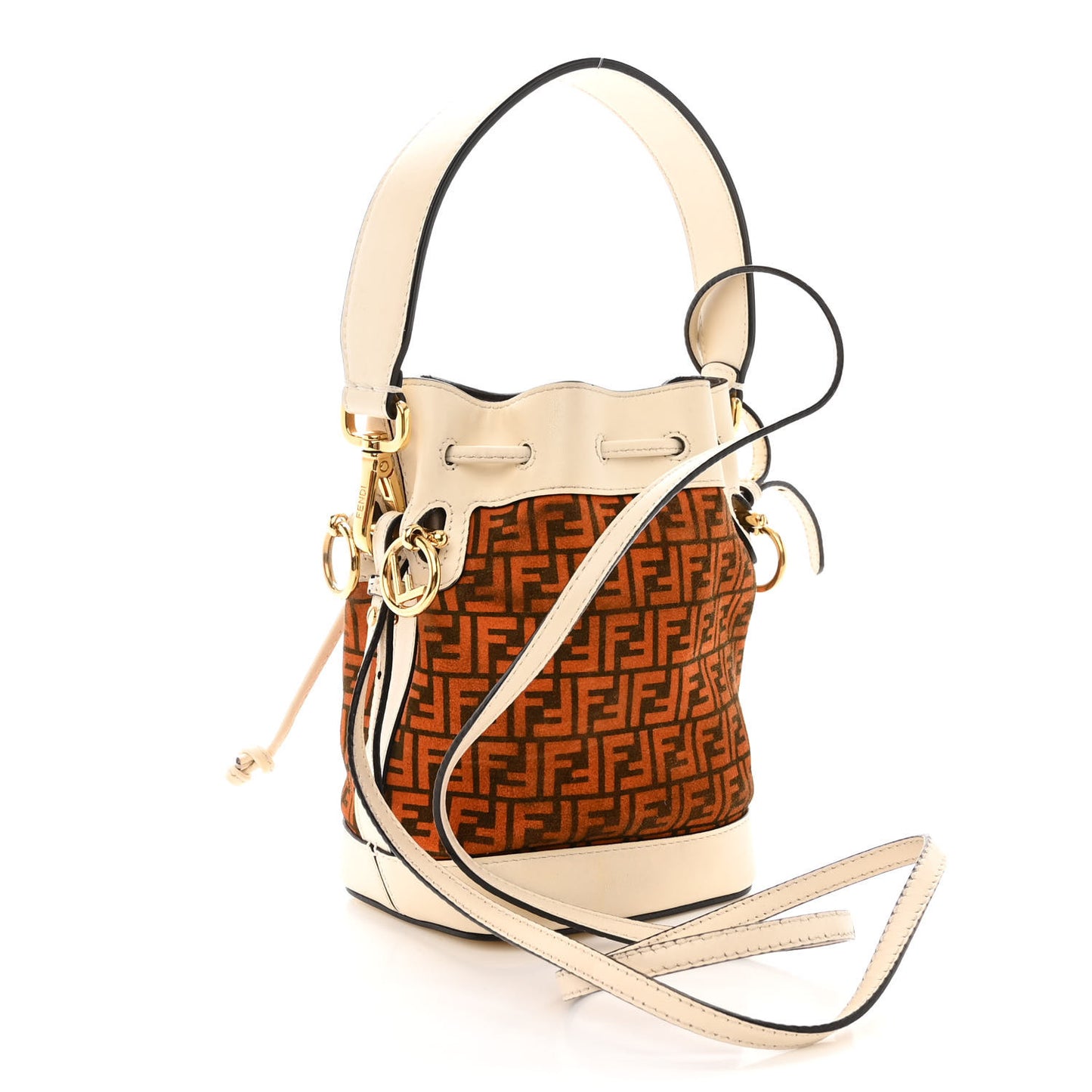 Suede Vitello King F is Fendi Micro FF Mini Mon Tresor Bucket Bag Arancio Marrone White Ice