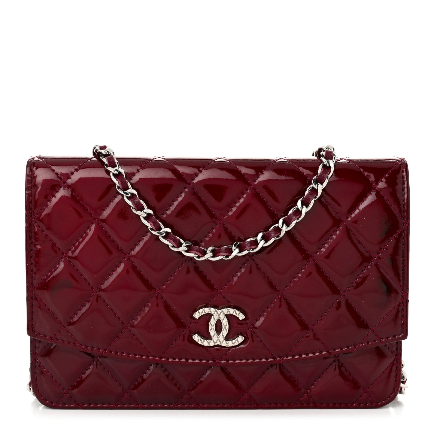 Patent Quilted Brilliant Wallet On Chain WOC Dark Burgundy