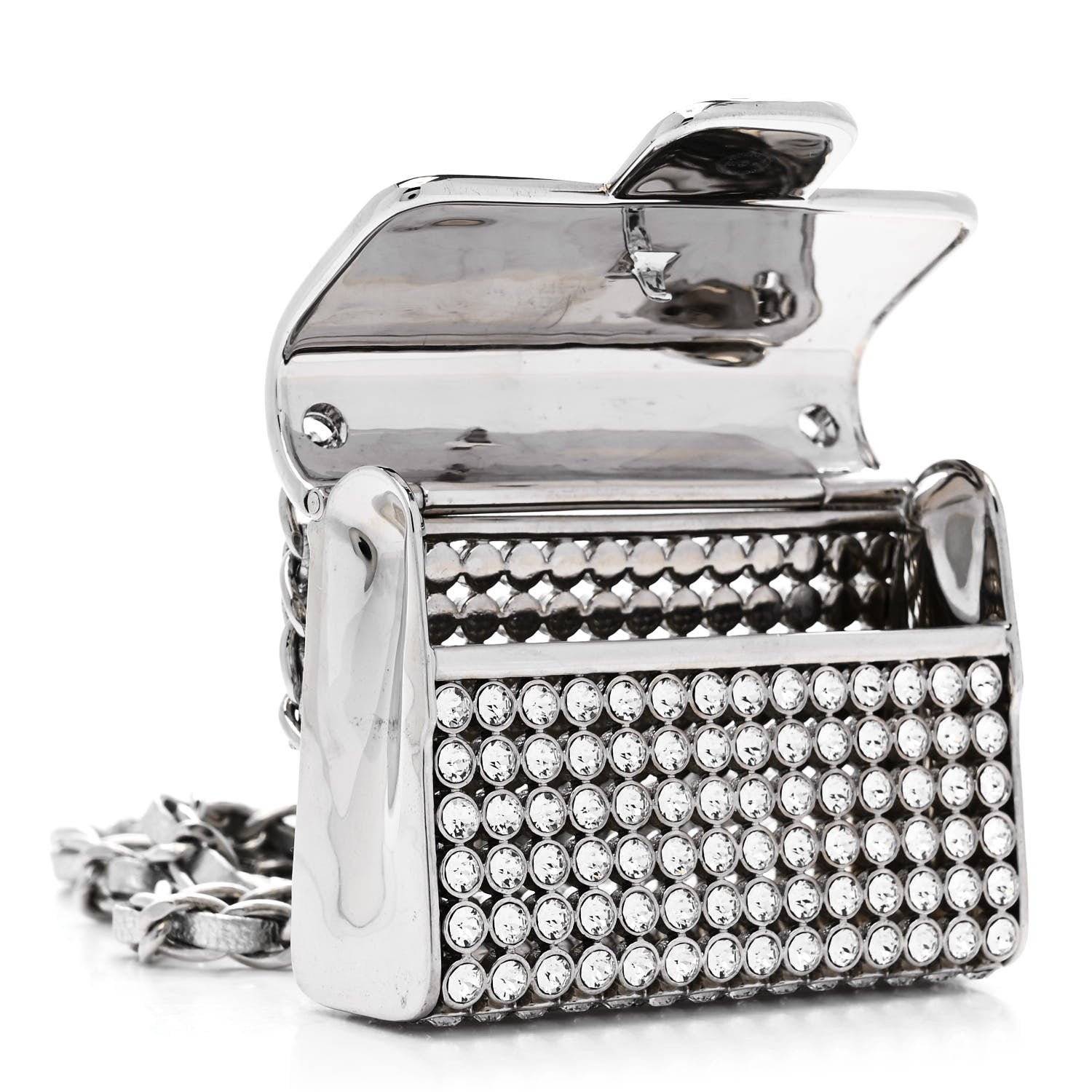 Chanel Metal Lambskin Strass Crystal Purse CC Long Necklace Silver 5 of 6