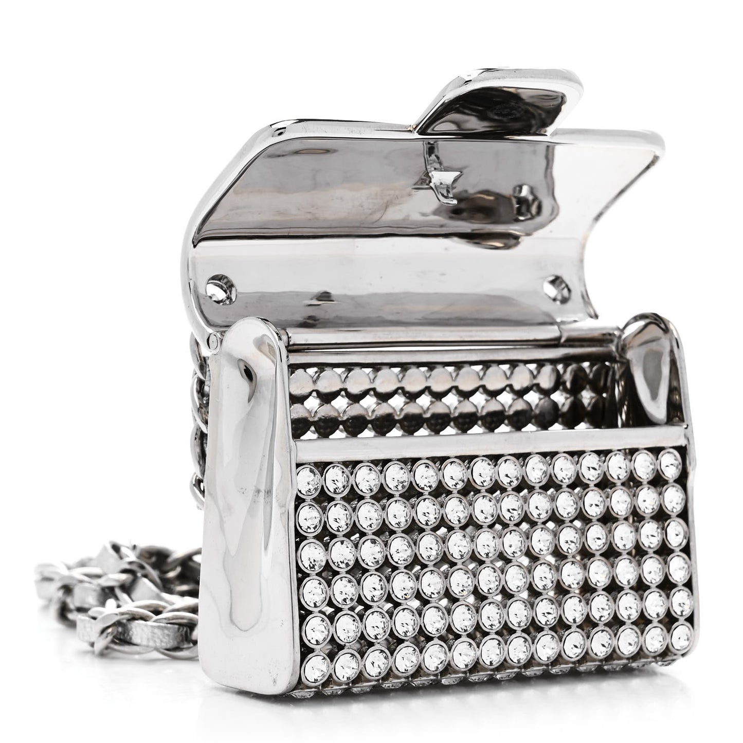 Metal Lambskin Strass Crystal Purse CC Long Necklace Silver