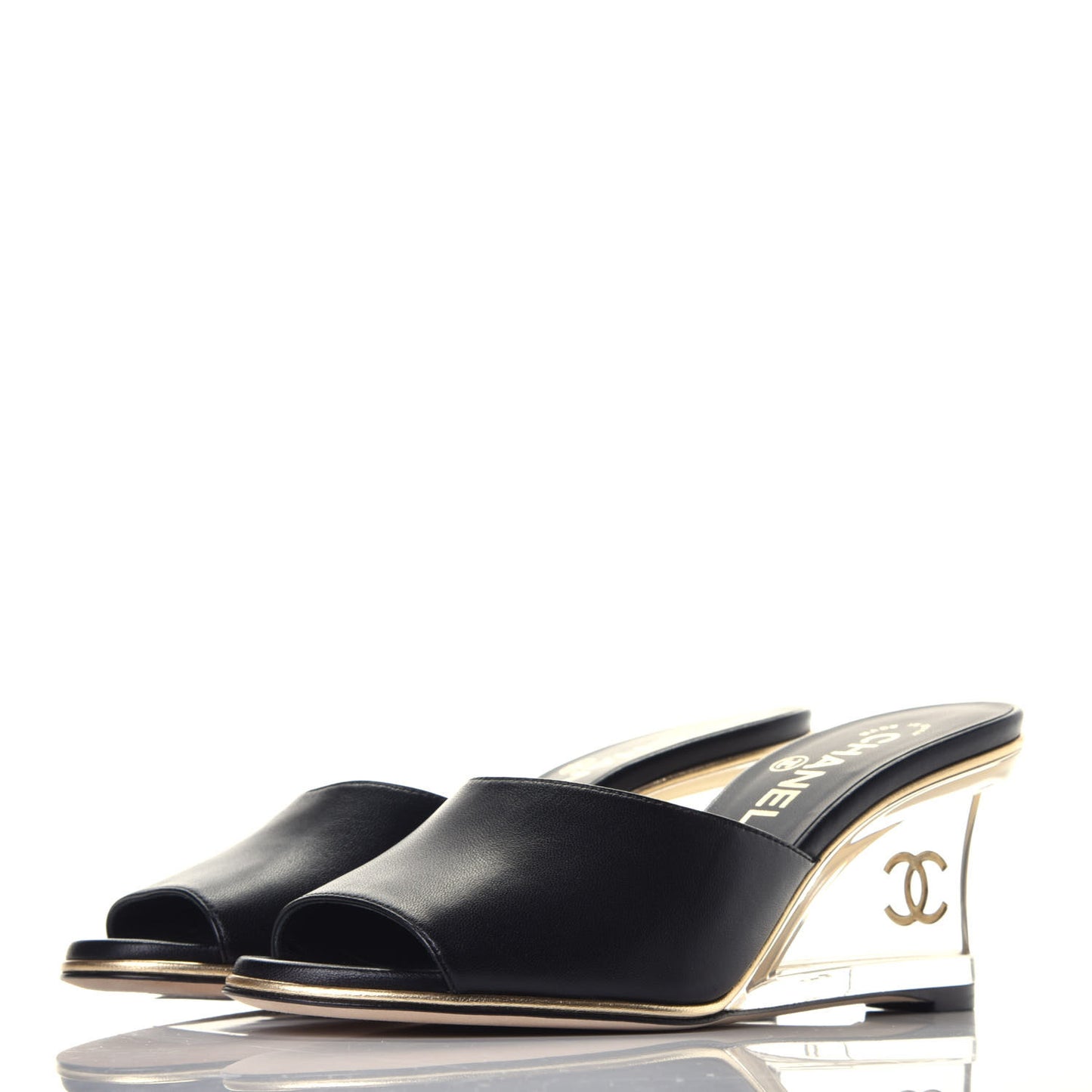 Lambskin Lucite CC Wedge Mules 36 Black