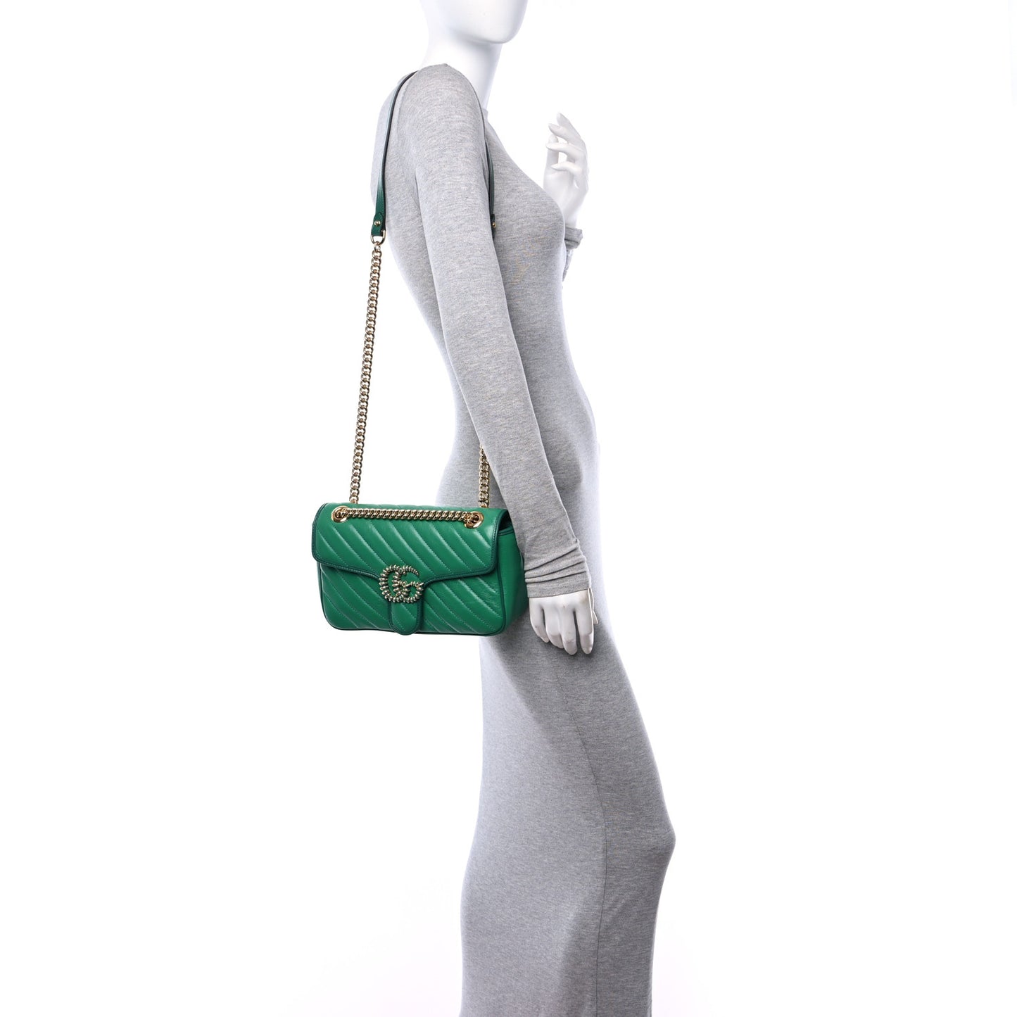 Azalea Calfskin Enamel Matelasse Diagonal Small Torchon GG Marmont Shoulder Bag New Shamarock Emerald