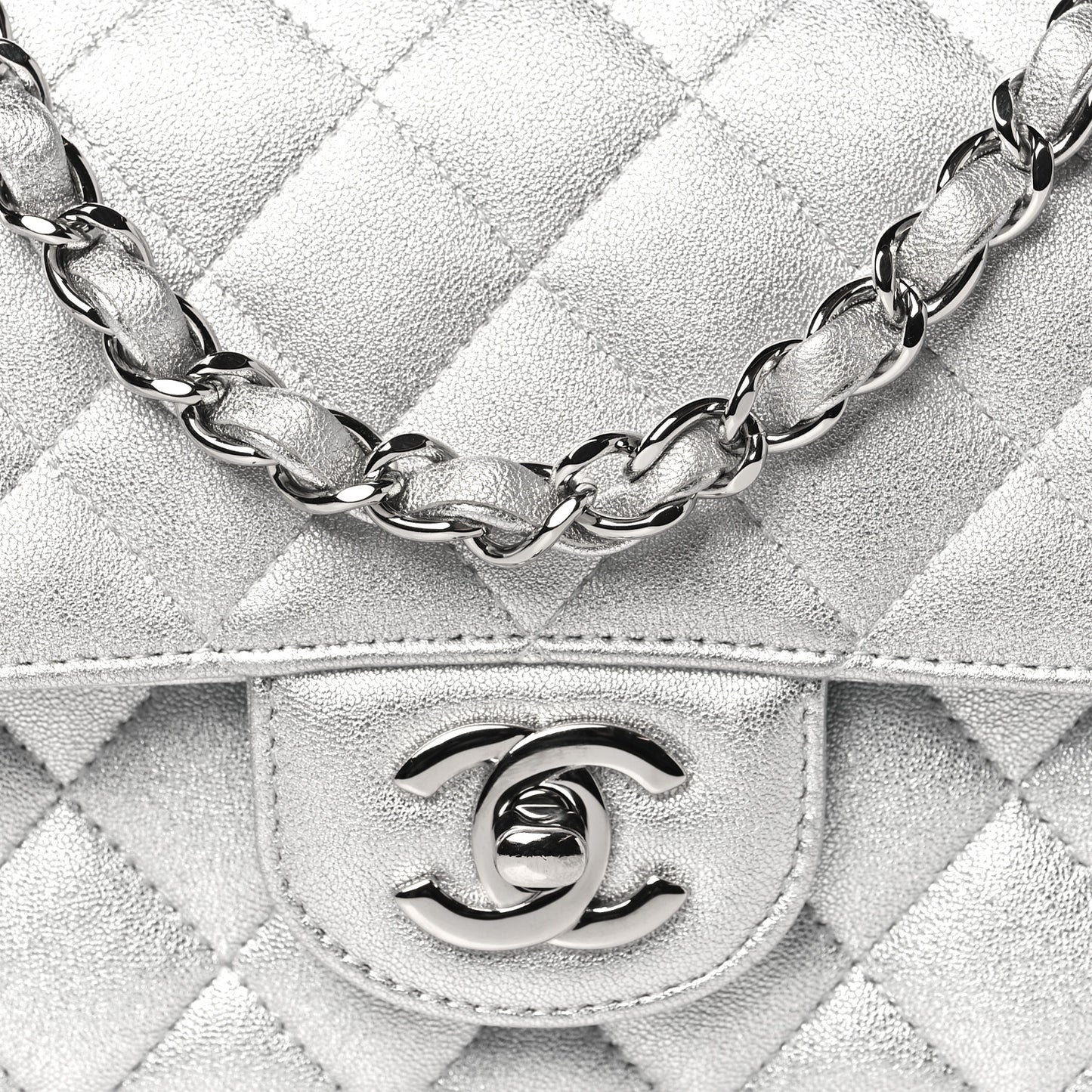 Metallic Lambskin Quilted Mini Rectangular Flap Silver
