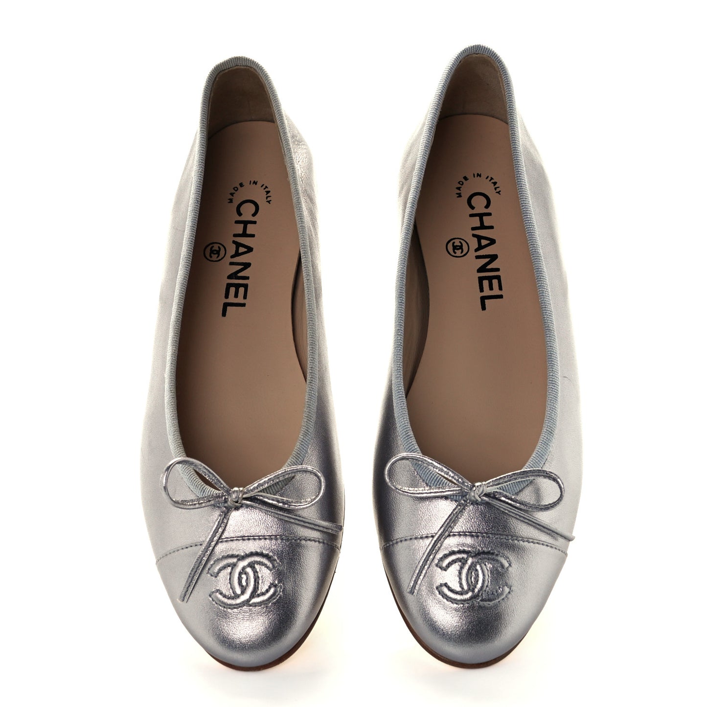 Metallic Lambskin CC Cap Toe Ballerina Flats 37 Silver