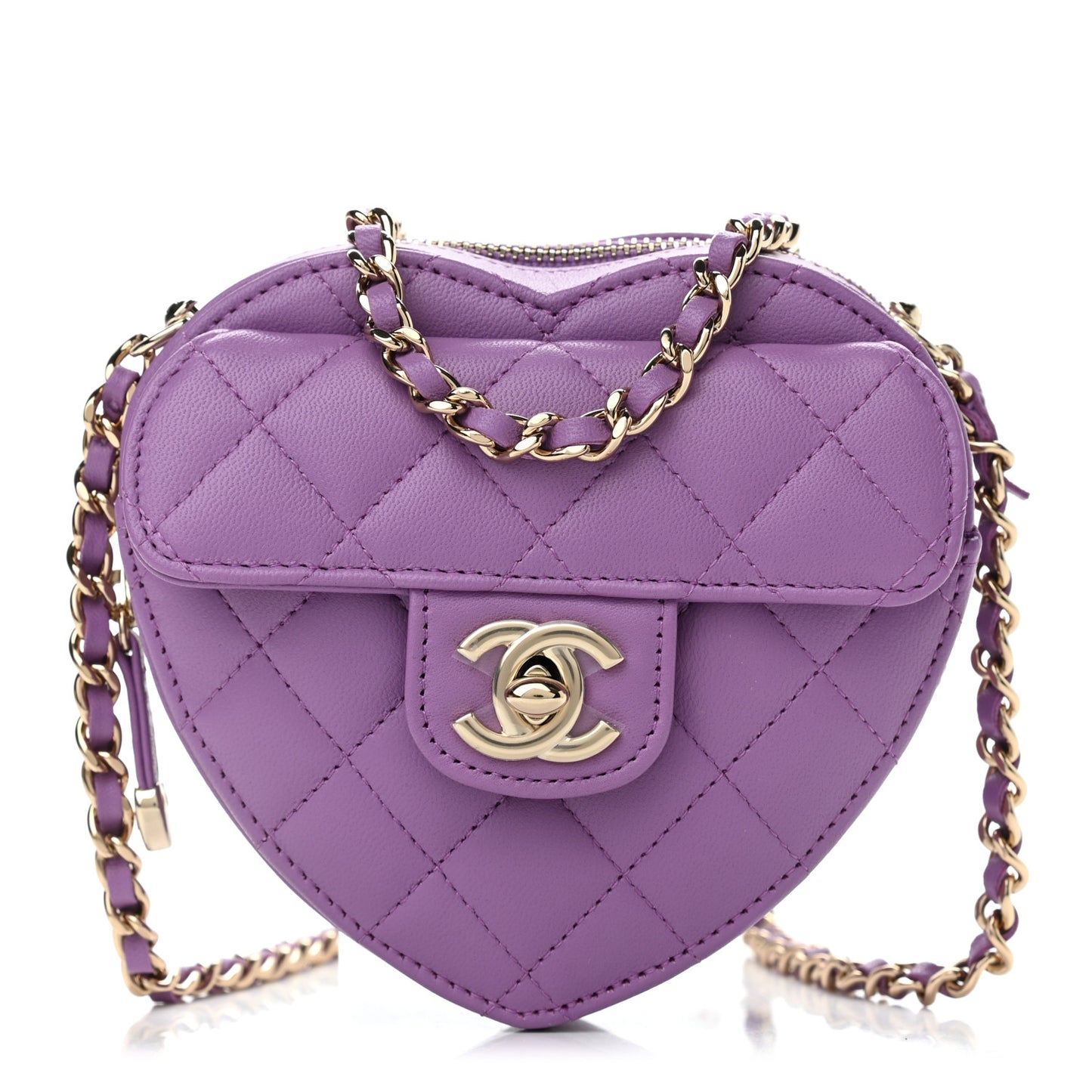 Lambskin Quilted CC In Love Heart Clutch With Chain Purple