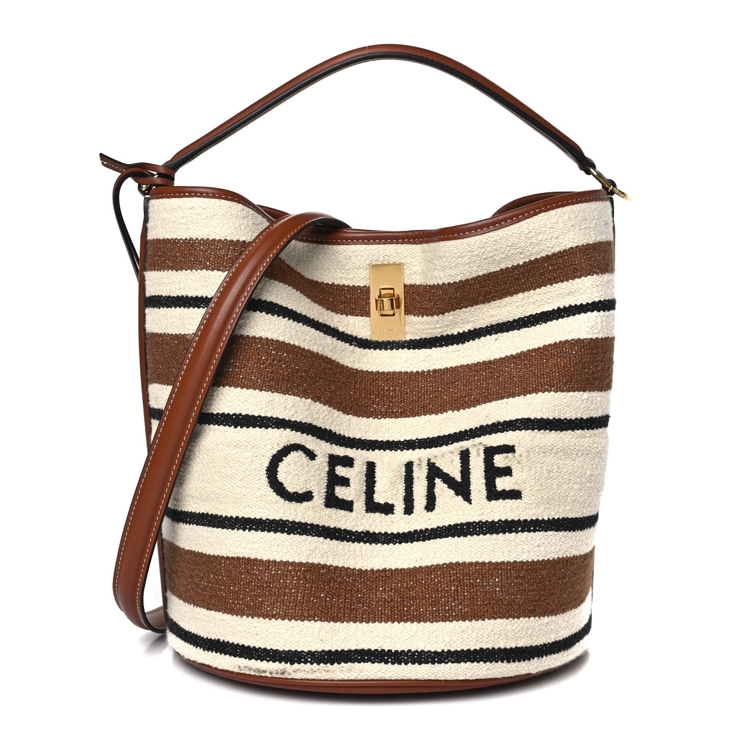 Canvas Smooth Calfskin Logo Bucket 16 Bag Brown Off White Tan