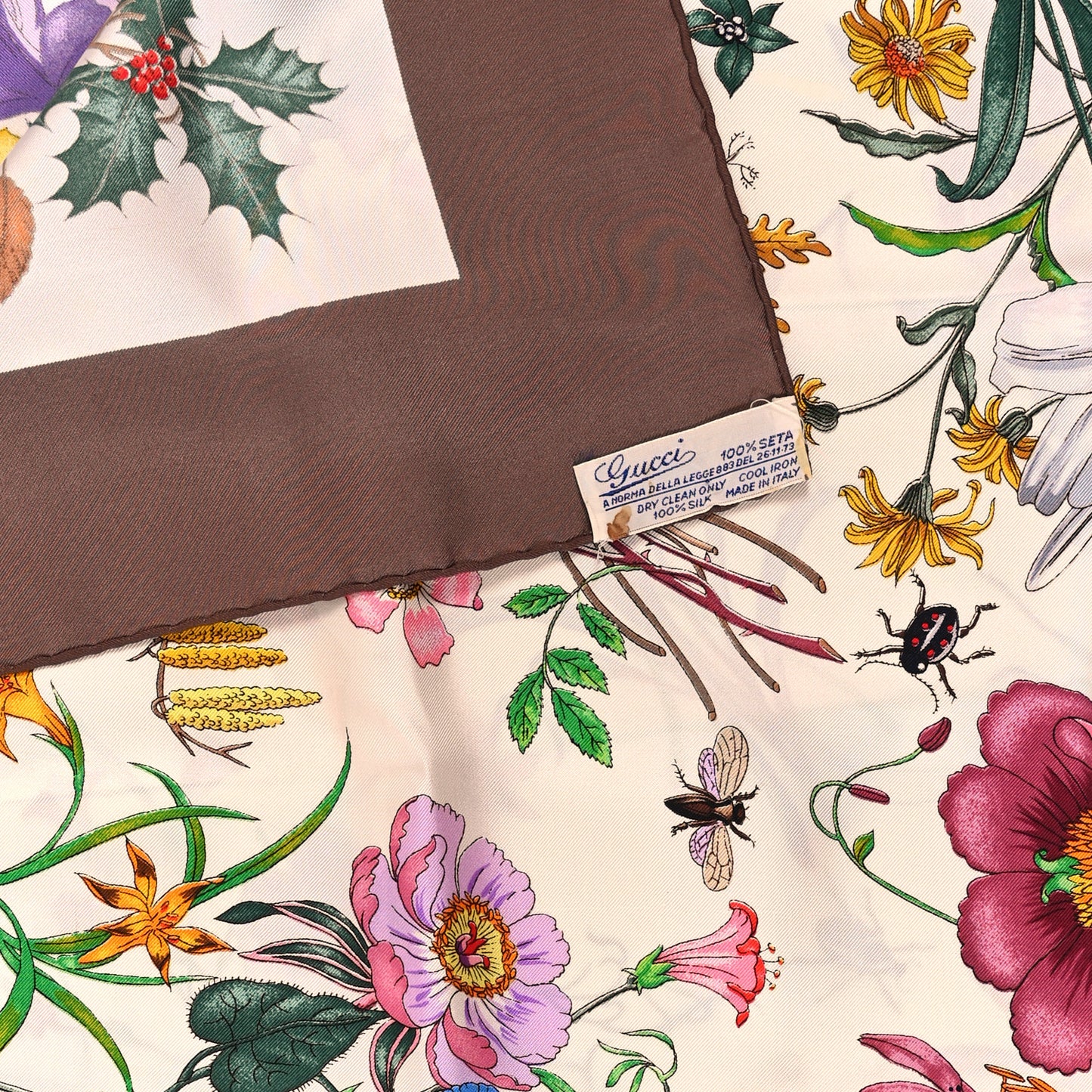 Silk Floral Print Square Scarf Ivory Brown