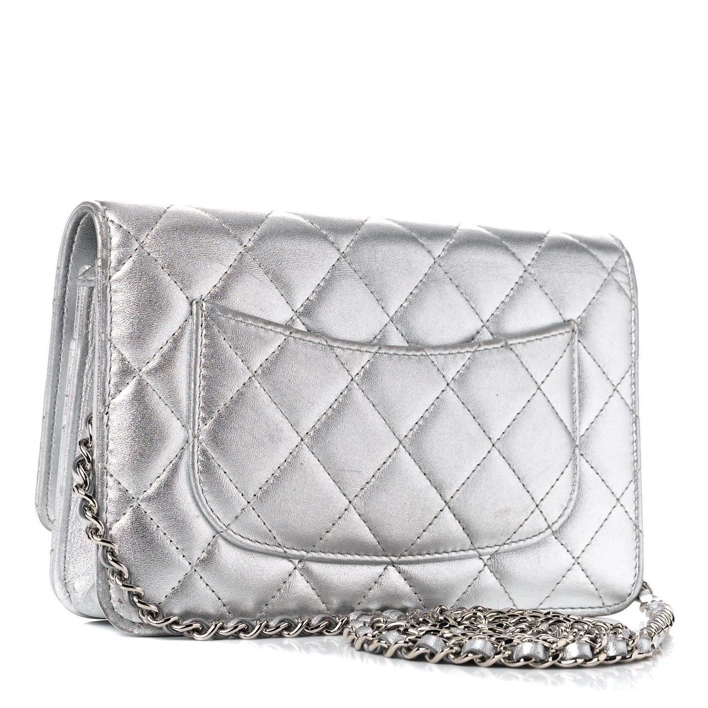 Metallic Lambskin Quilted Wallet On Chain WOC Silver
