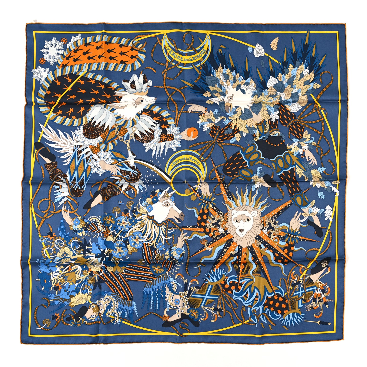 Hermes Silk Le Sacre Des Saisons Scarf 90 Anthracite Gold Camel