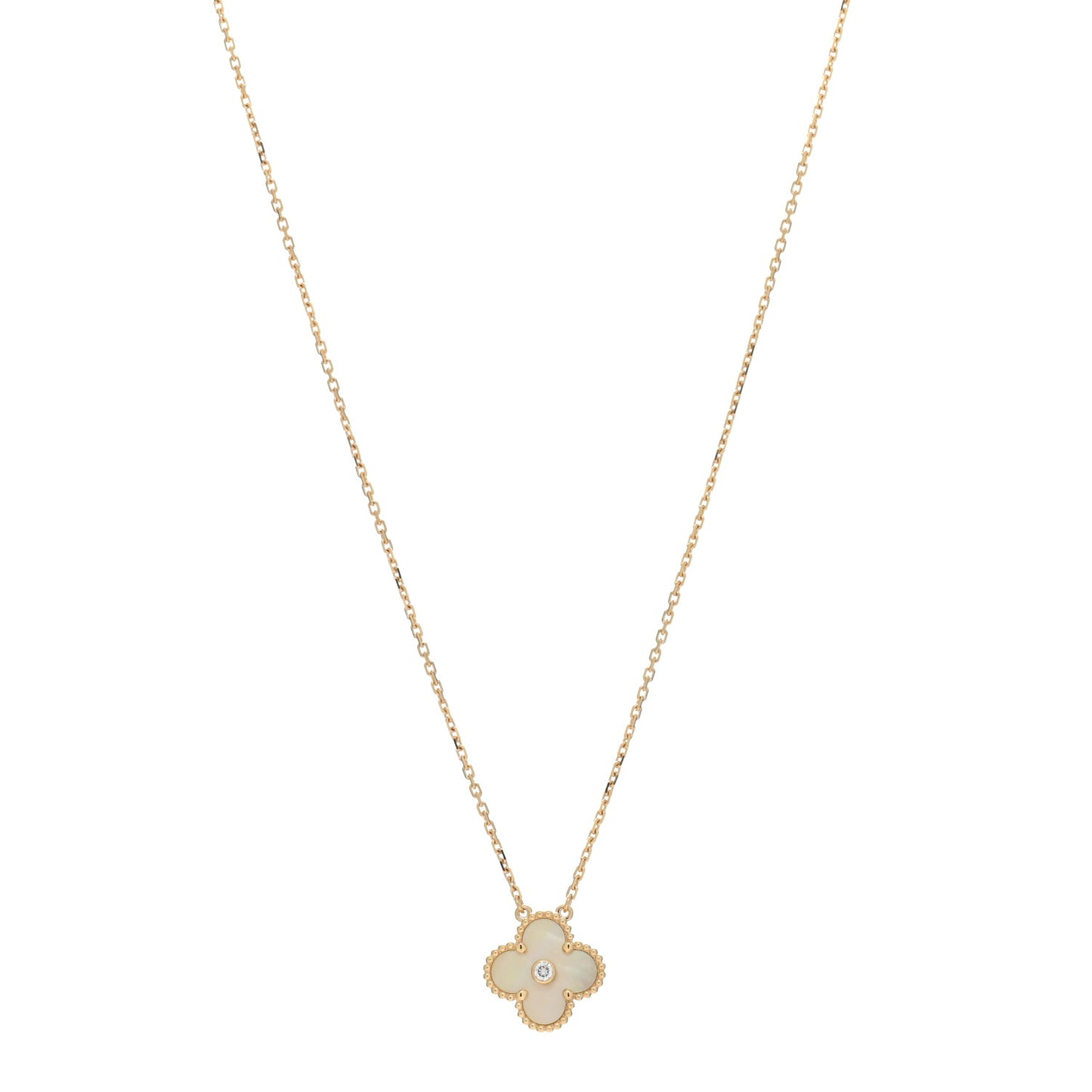 18K Yellow Gold Diamond Yellow Mother of Pearl Vintage Alhambra Pendant Necklace