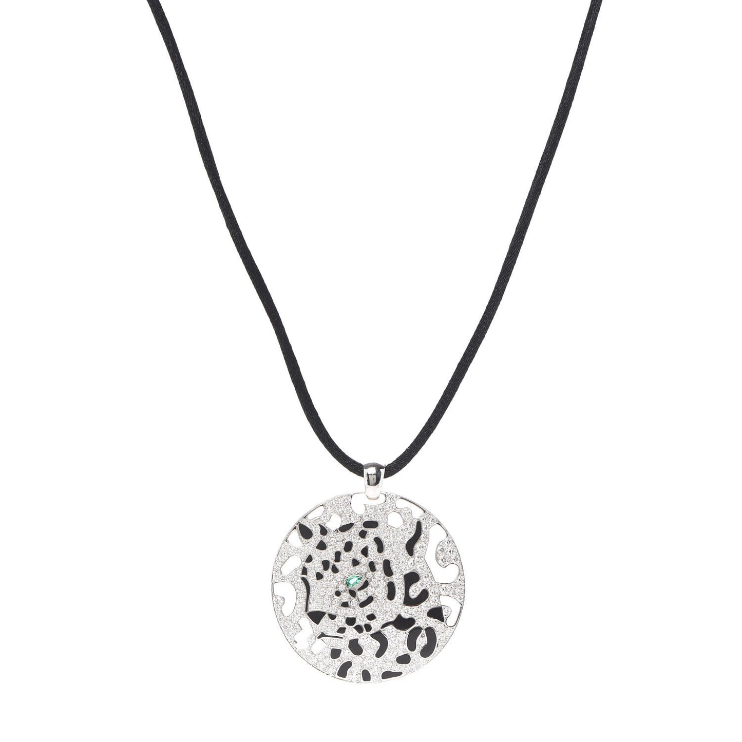 18K White Gold Diamond Onyx Emerald Panthere De Cartier Medallion Pendant Cord Necklace