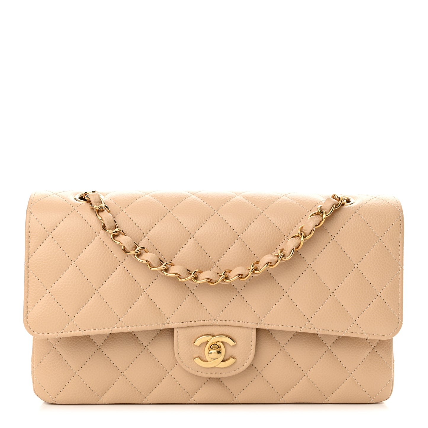 Caviar Quilted Medium Double Flap Beige