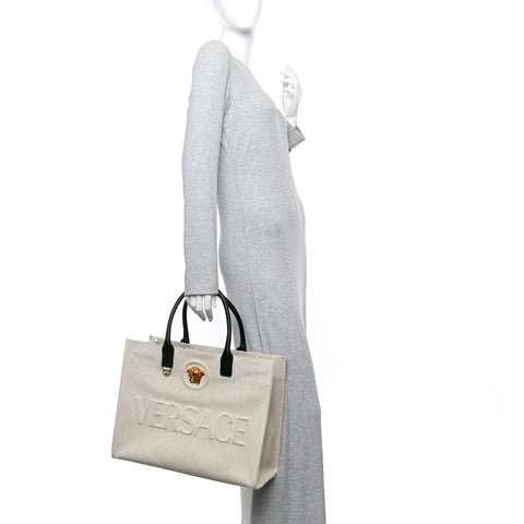 Canvas Calfskin Large La Medusa Tote Bag Beige