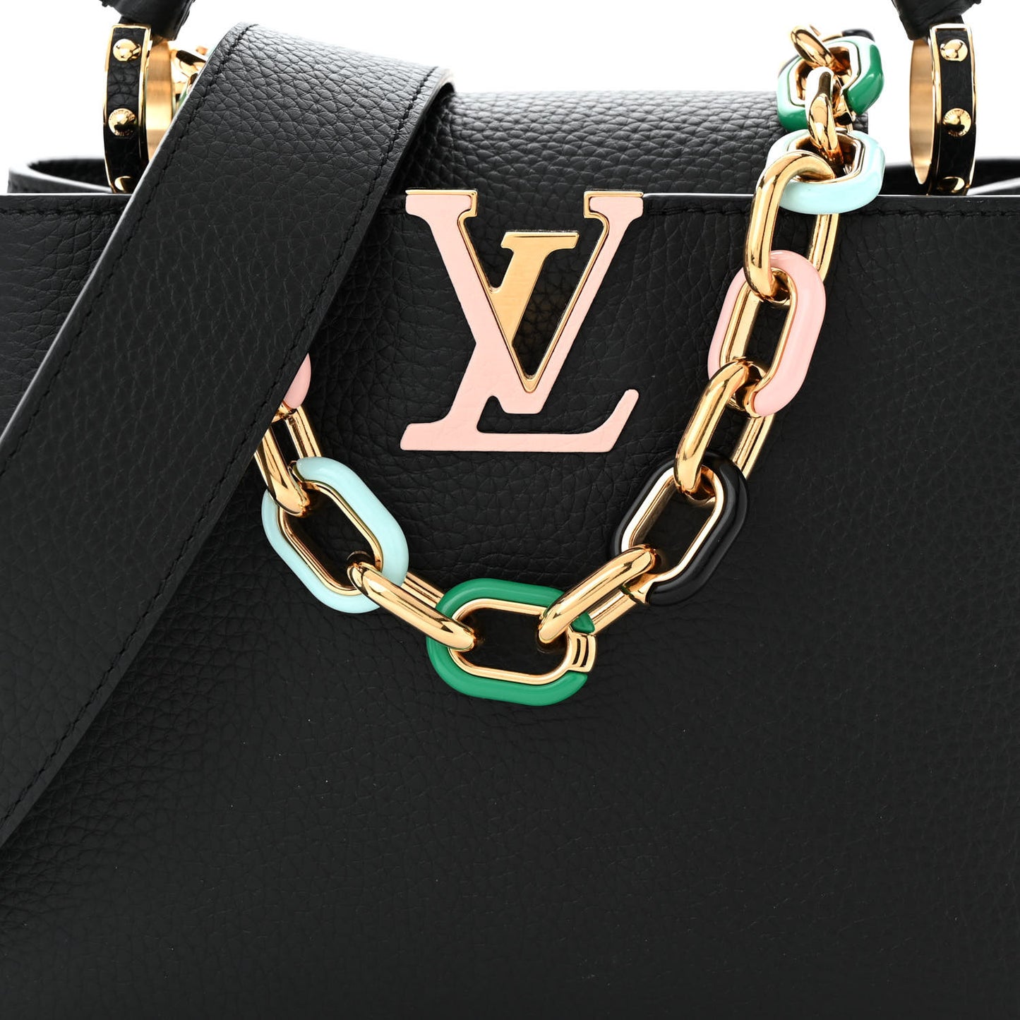 Taurillon Enamel Chain Capucines BB Black Multicolor