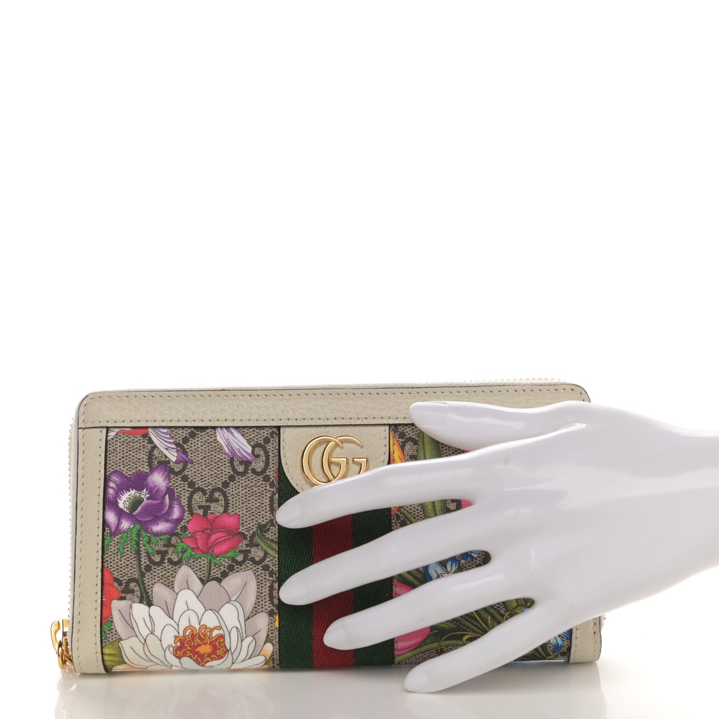 GG Supreme Monogram Flora Ophidia Zip Around Wallet White