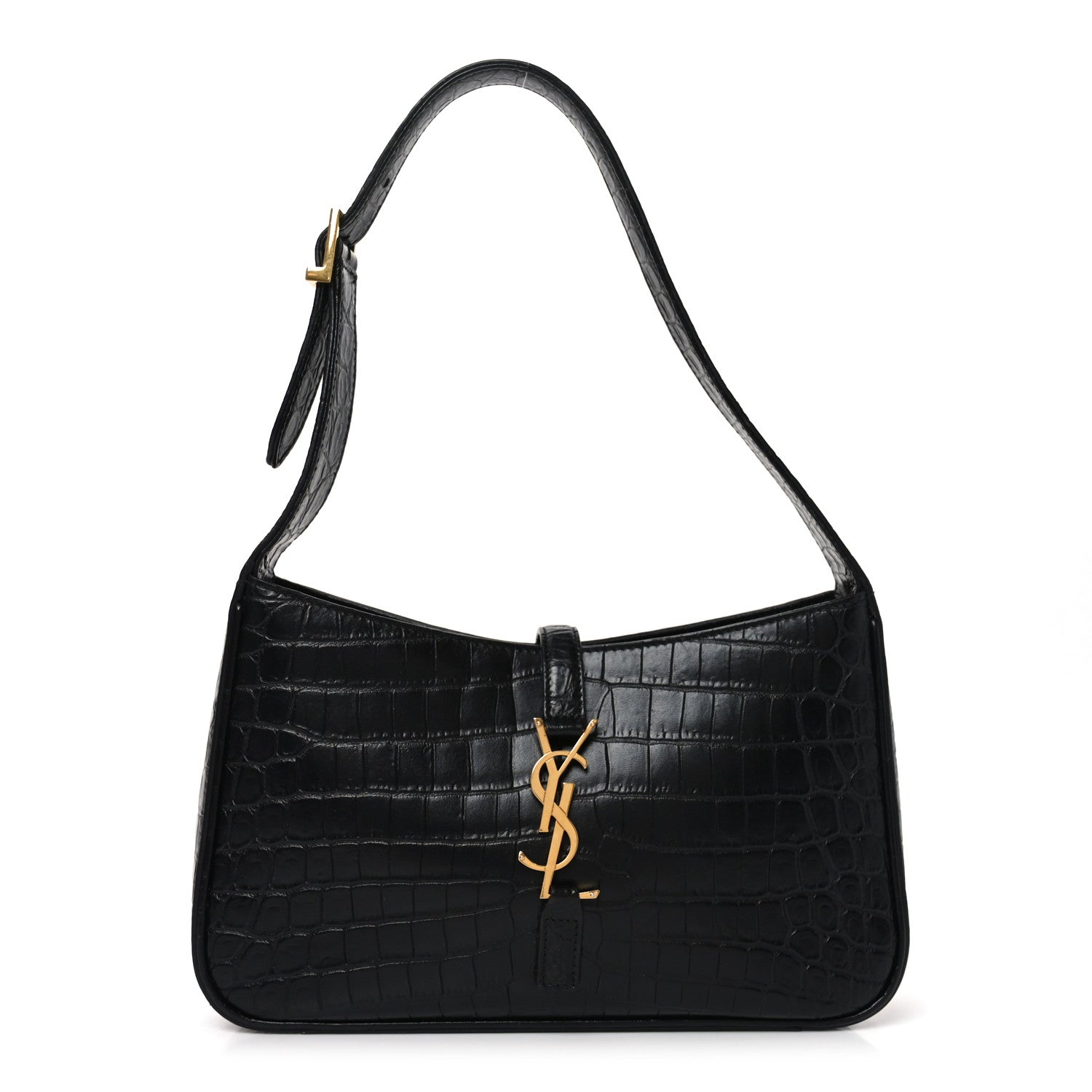 Saint Laurent Calfskin Crocodile Embossed Le 5 A 7 Hobo Black