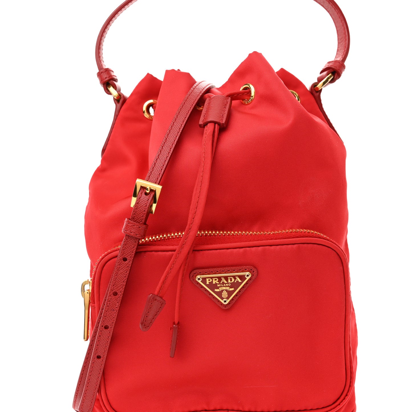 Saffiano Tessuto Nylon Mini Bucket Crossbody Bag Fuoco