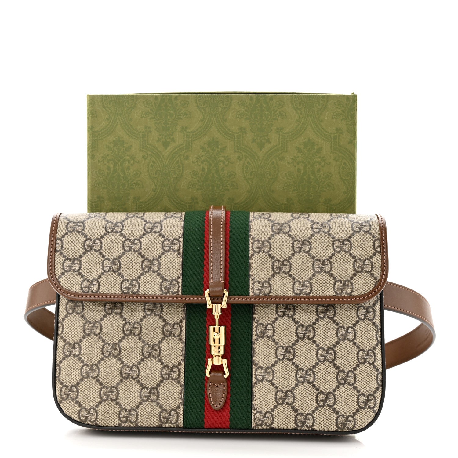 Gucci GG Supreme Monogram Azalea Calfskin Web Jackie 1961 Belt Bag 100 40 Beige Ebony Brown Sugar 11 of 11