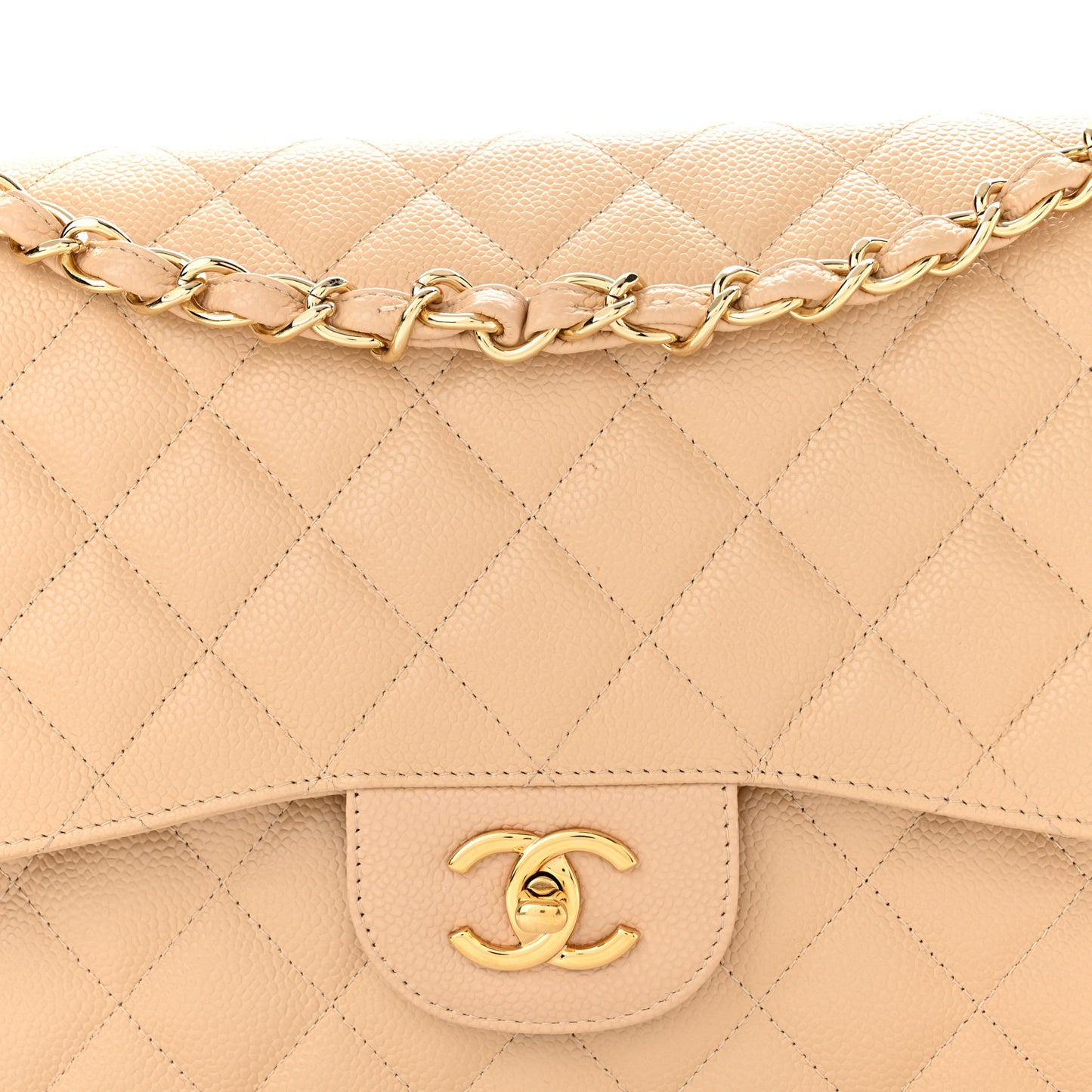 Caviar Quilted Jumbo Double Flap Light Beige