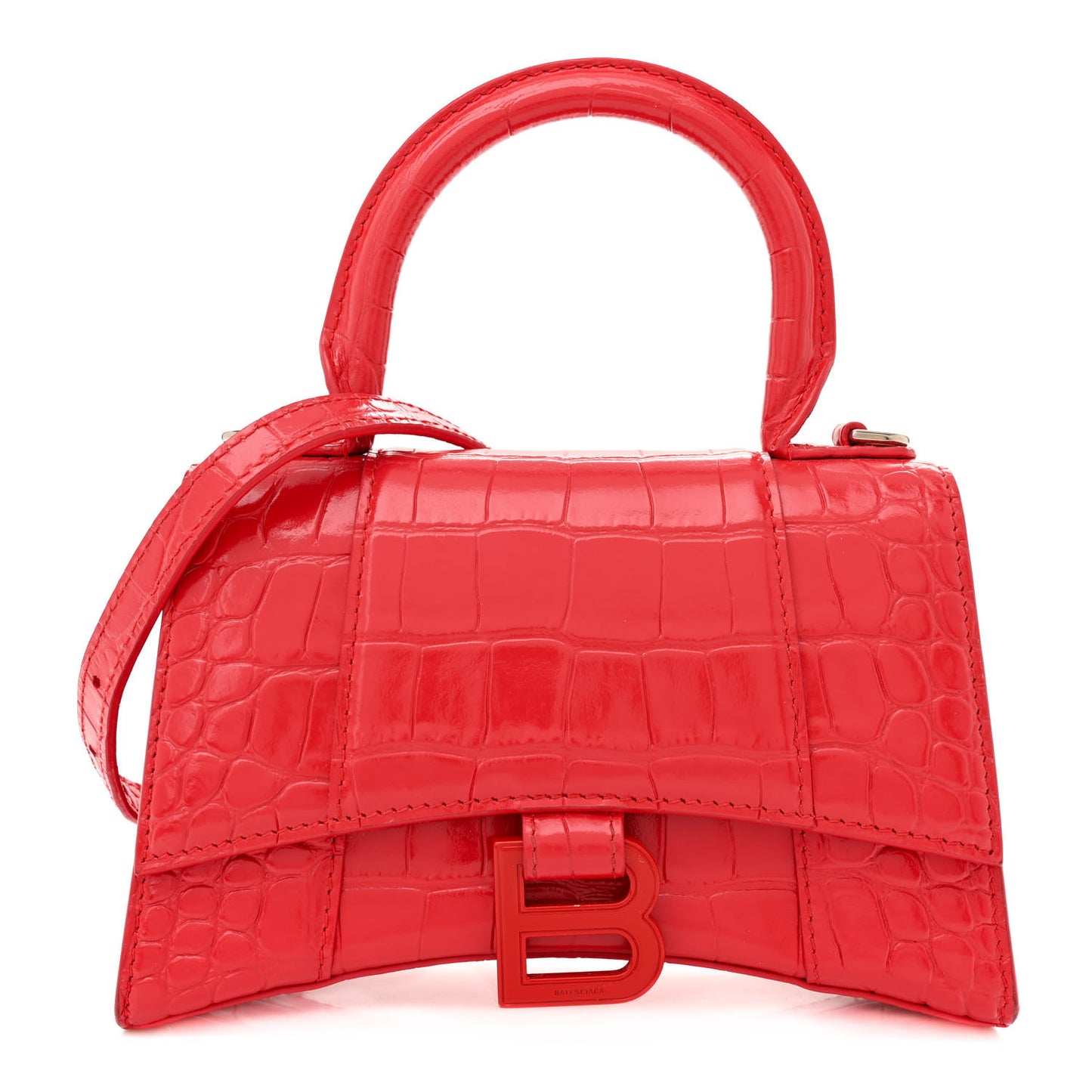 Shiny Calfskin Tonal B Crocodile Embossed Hourglass Top Handle Bag XS Bright Red