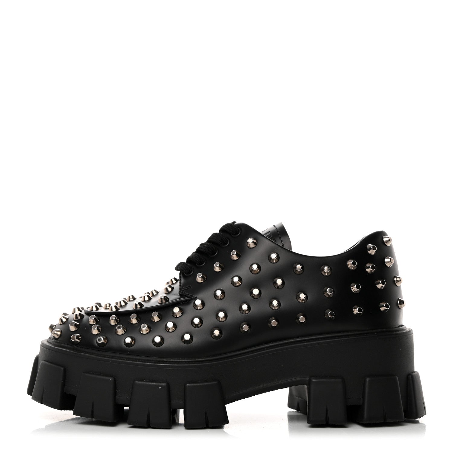 Prada Spazzolato Rois Studded Lace Up Monolith 55mm Derby Loafers 36.5 Black 1 of 9