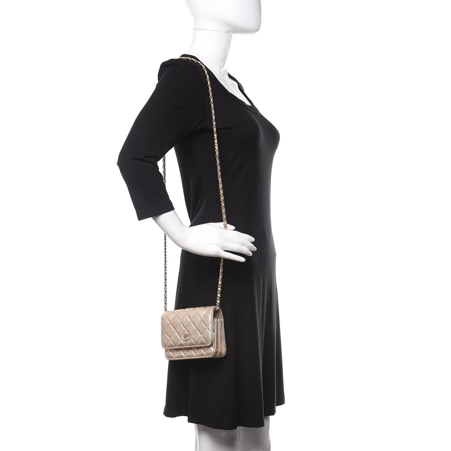 Metallic Lambskin Quilted Mini Wallet On Chain WOC Gold