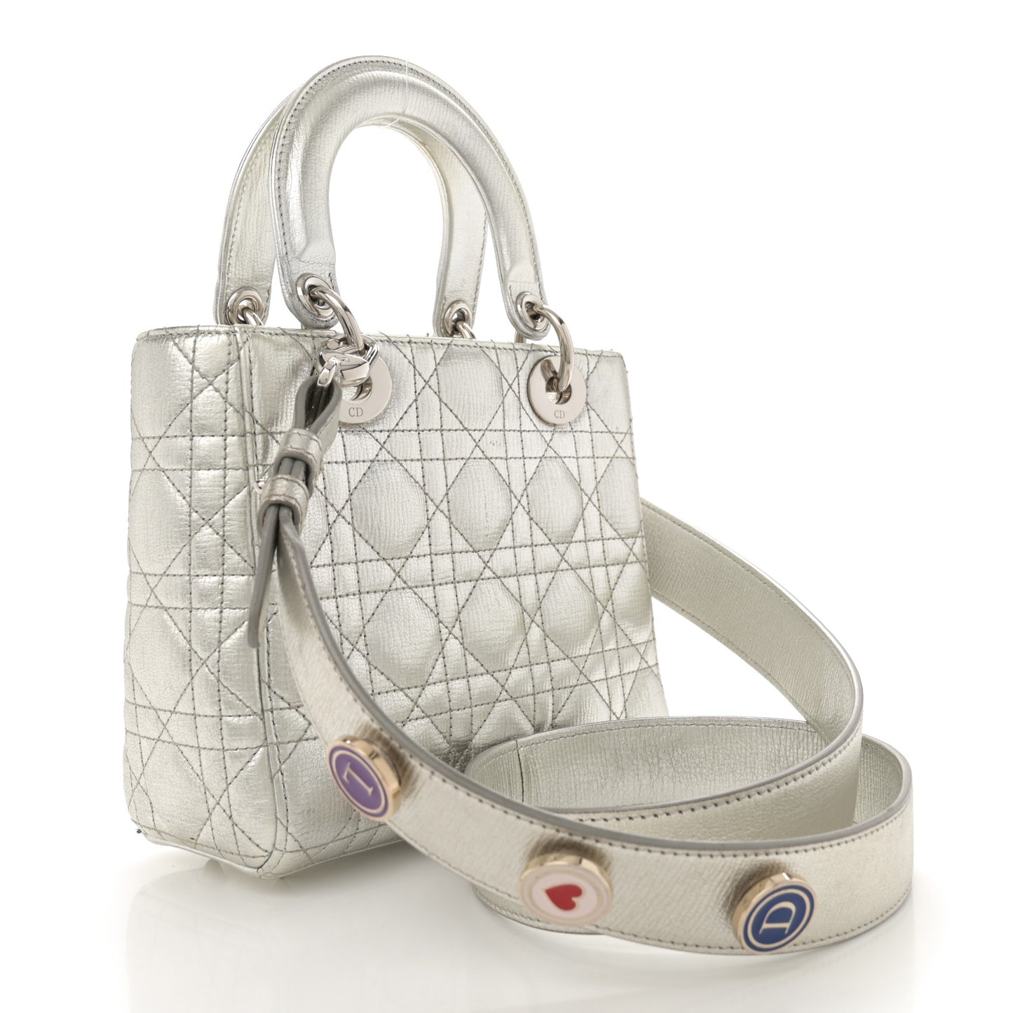 Metallic Grained Calfskin Cannage Small Lucky Badges My Lady Dior Silver