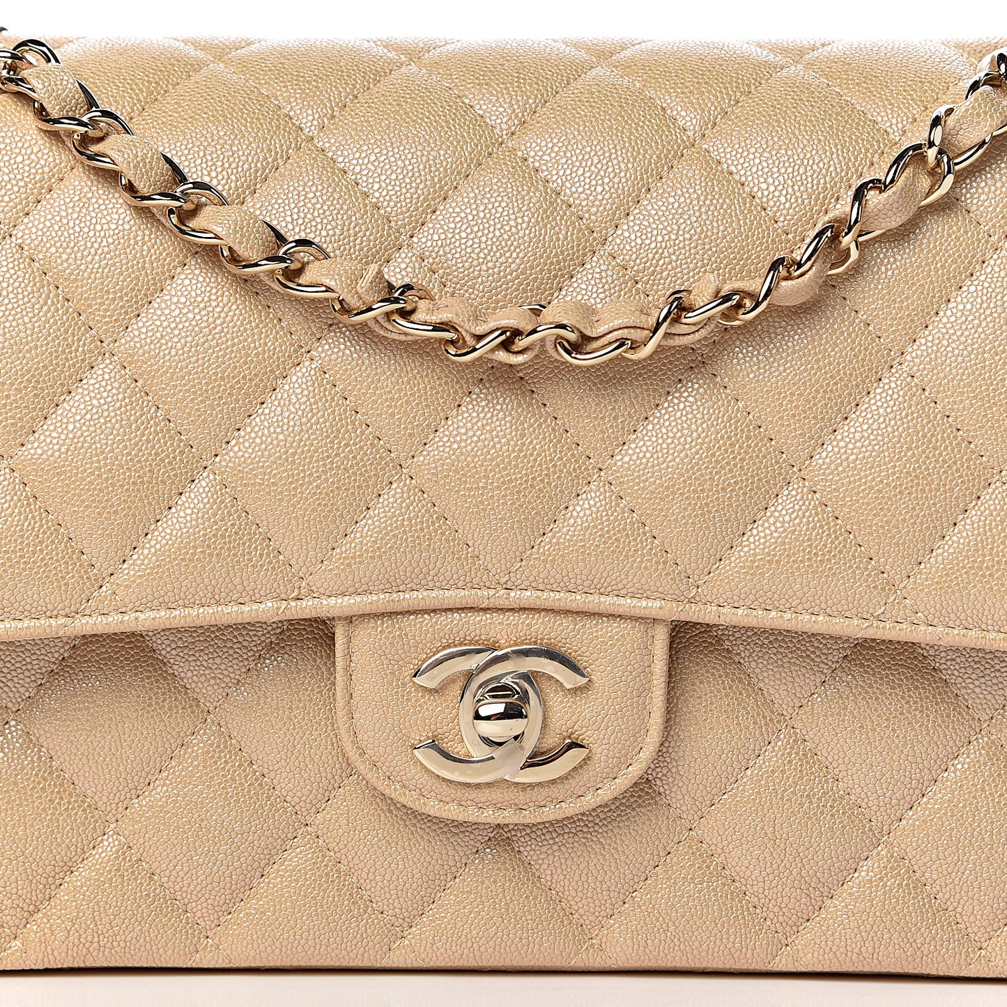 Iridescent Caviar Quilted Medium Double Flap Beige
