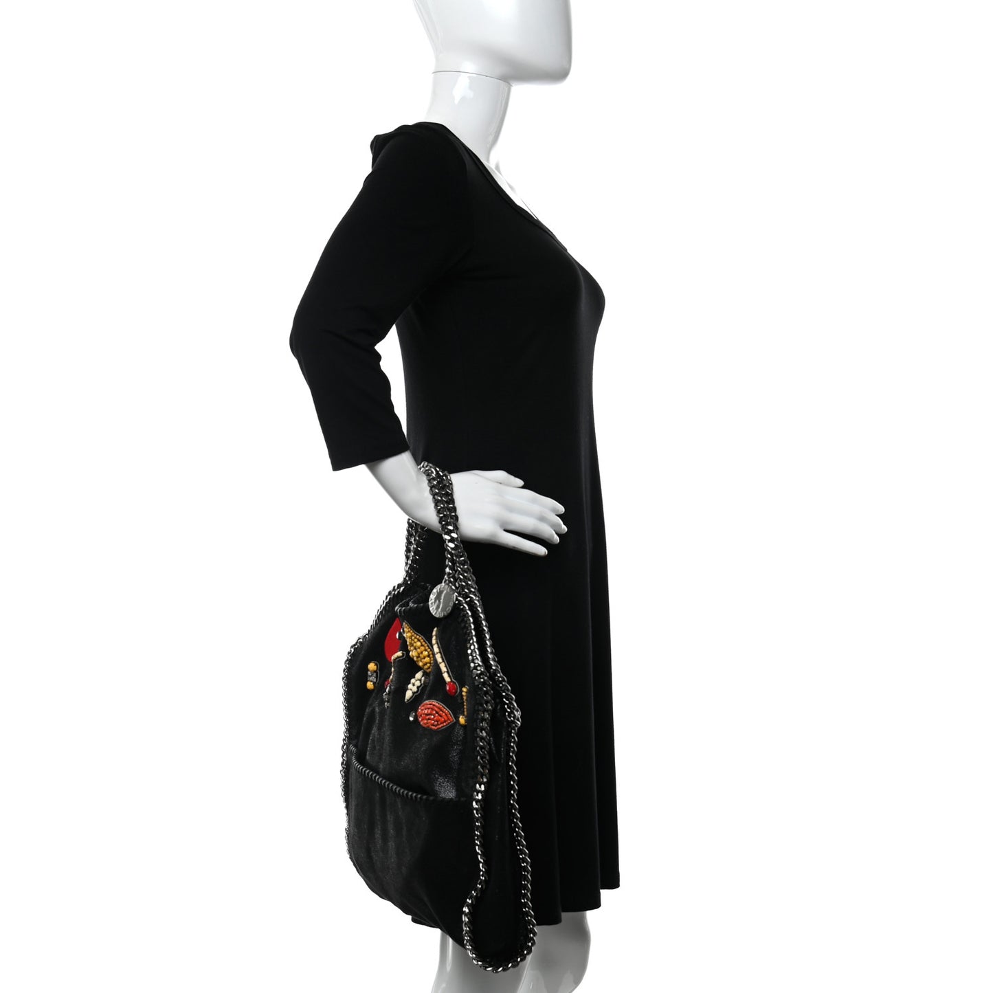 Embellished Shaggy Deer Small Falabella Fold Over Tote Black