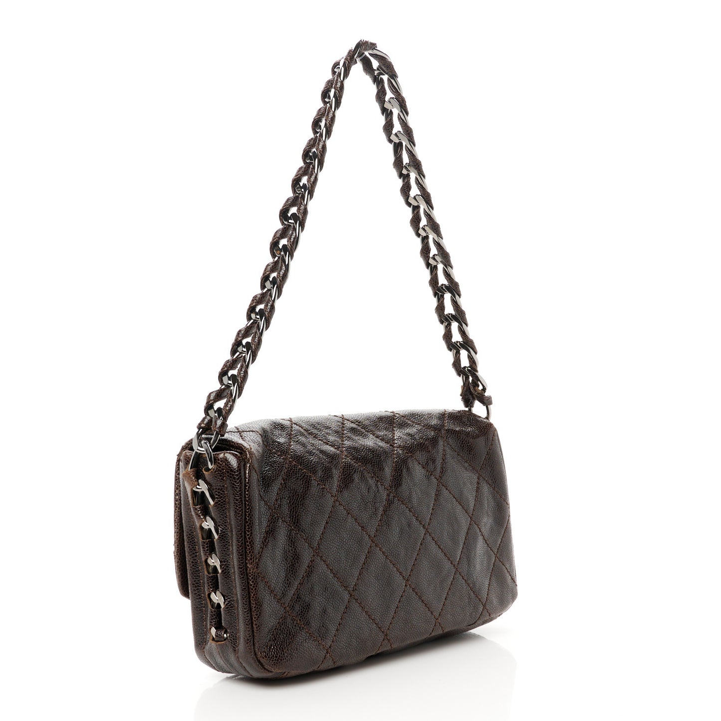 Glazed Caviar Quilted Modern Chain Flap Dark Brown