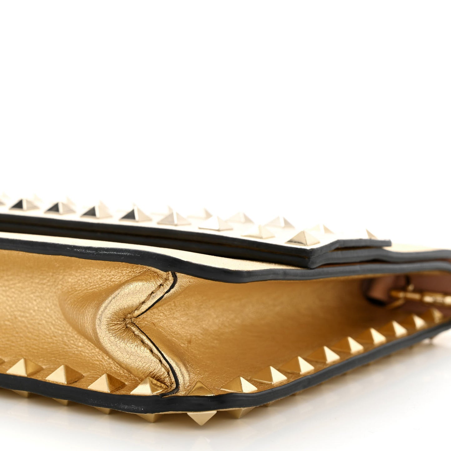 Metallic Calfskin Rockstud Side Slip Wristlet Clutch Gold