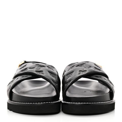 Lambskin Monogram Embossed Paseo Flat Comfort Sandals 39 Black