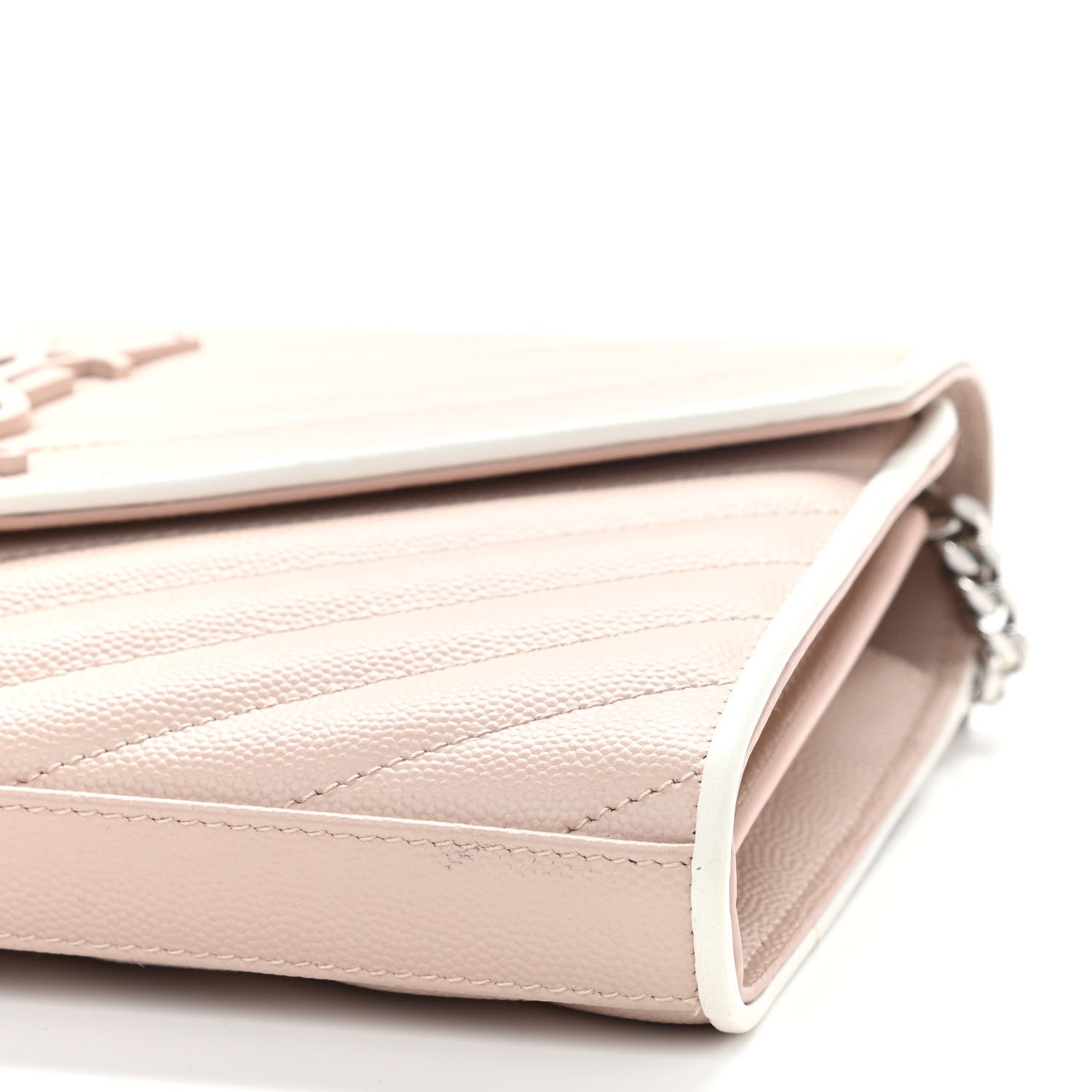 Saint Laurent Grain De Poudre Matelasse Chevron Monogram Chain Wallet Pink and White 8 of 11