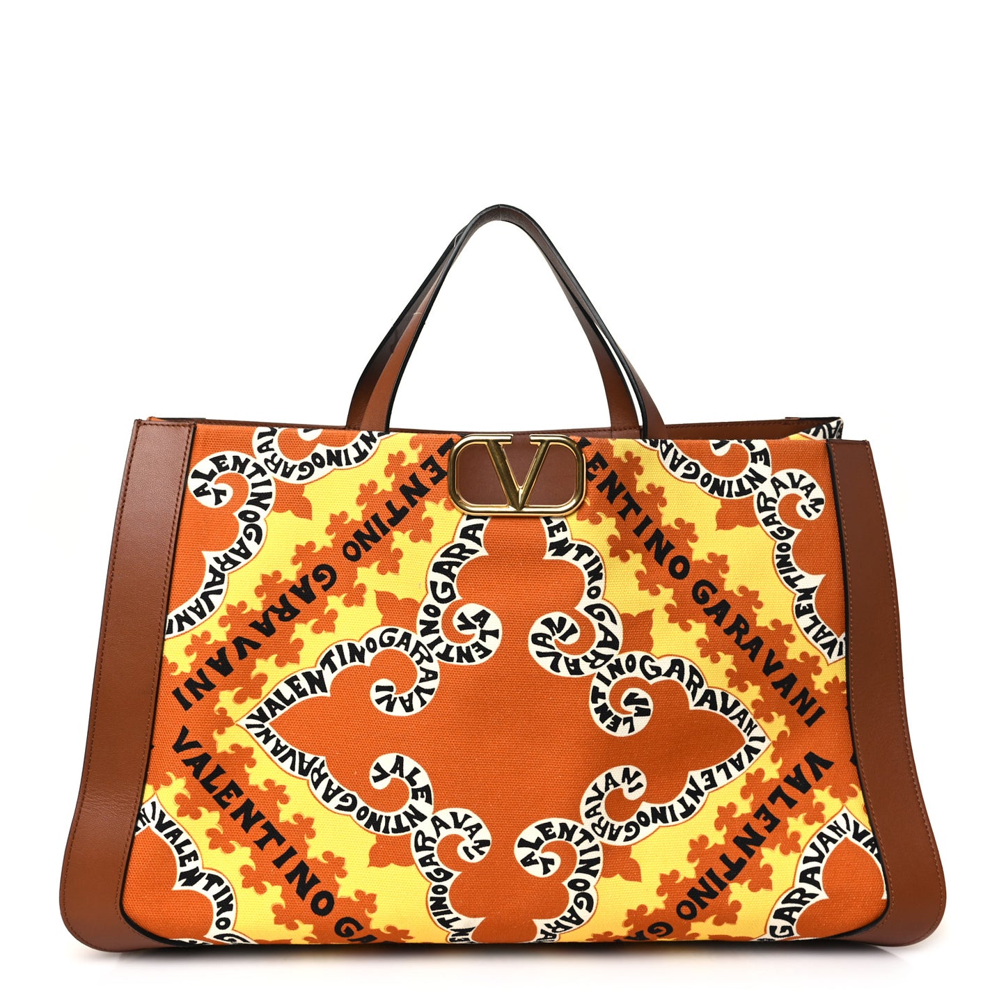 Canvas Calfskin Large Bandana Print Vlogo Signature Tote Saddle Brown Multicolor