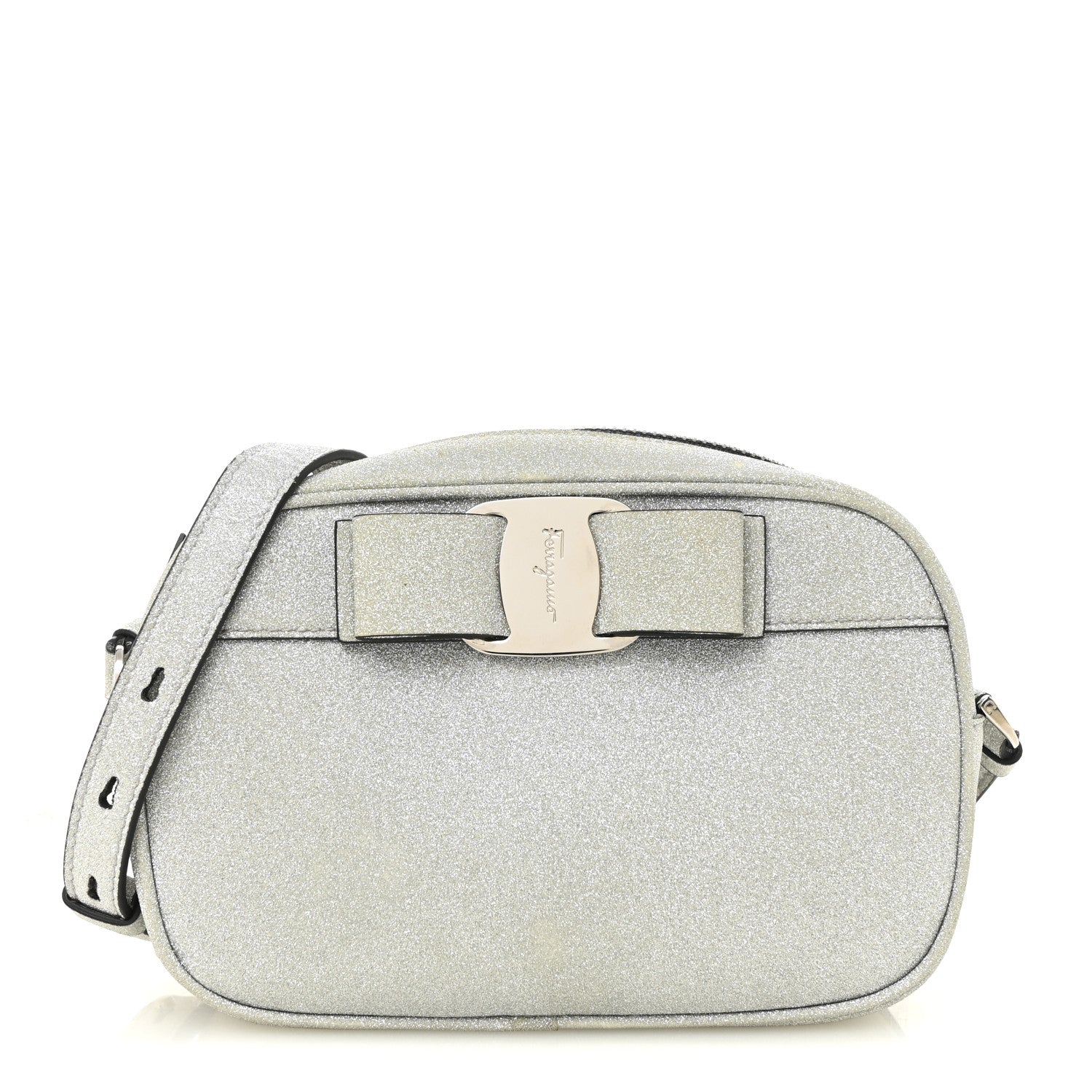 未使用Salvatore Ferragamo VIVA BOW BAG シルバー Salvatore Ferragamo Rainbow Glitter Vara Bow Camera Bag Silver