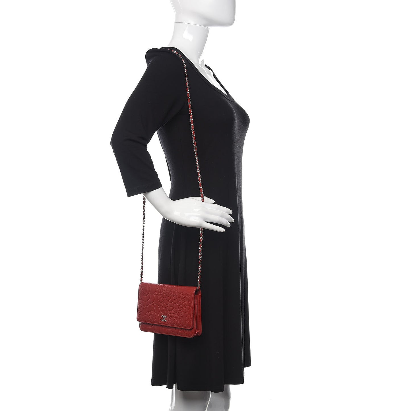 Lambskin Camellia Embossed Wallet On Chain WOC Red