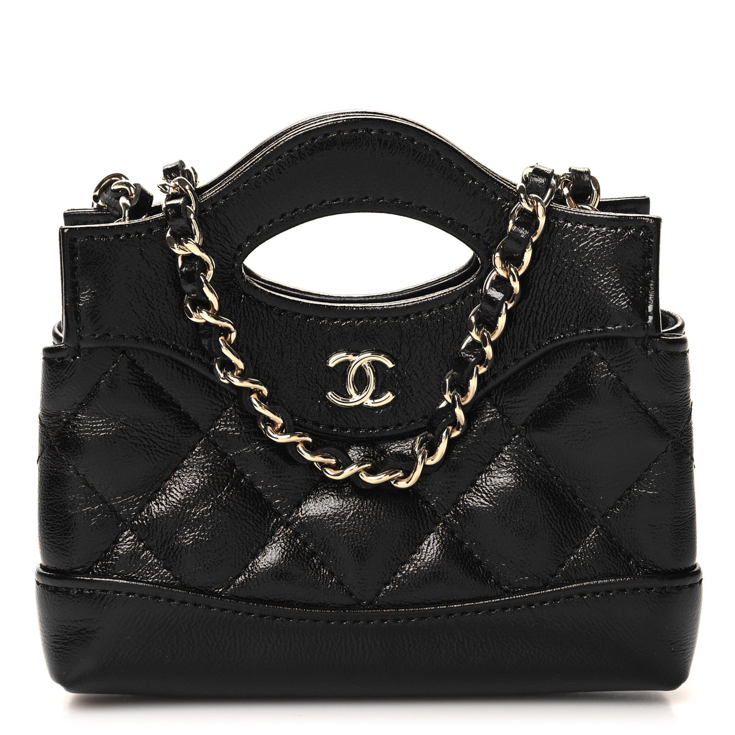 Shiny Lambskin Quilted Micro 31 Clutch With Chain Black