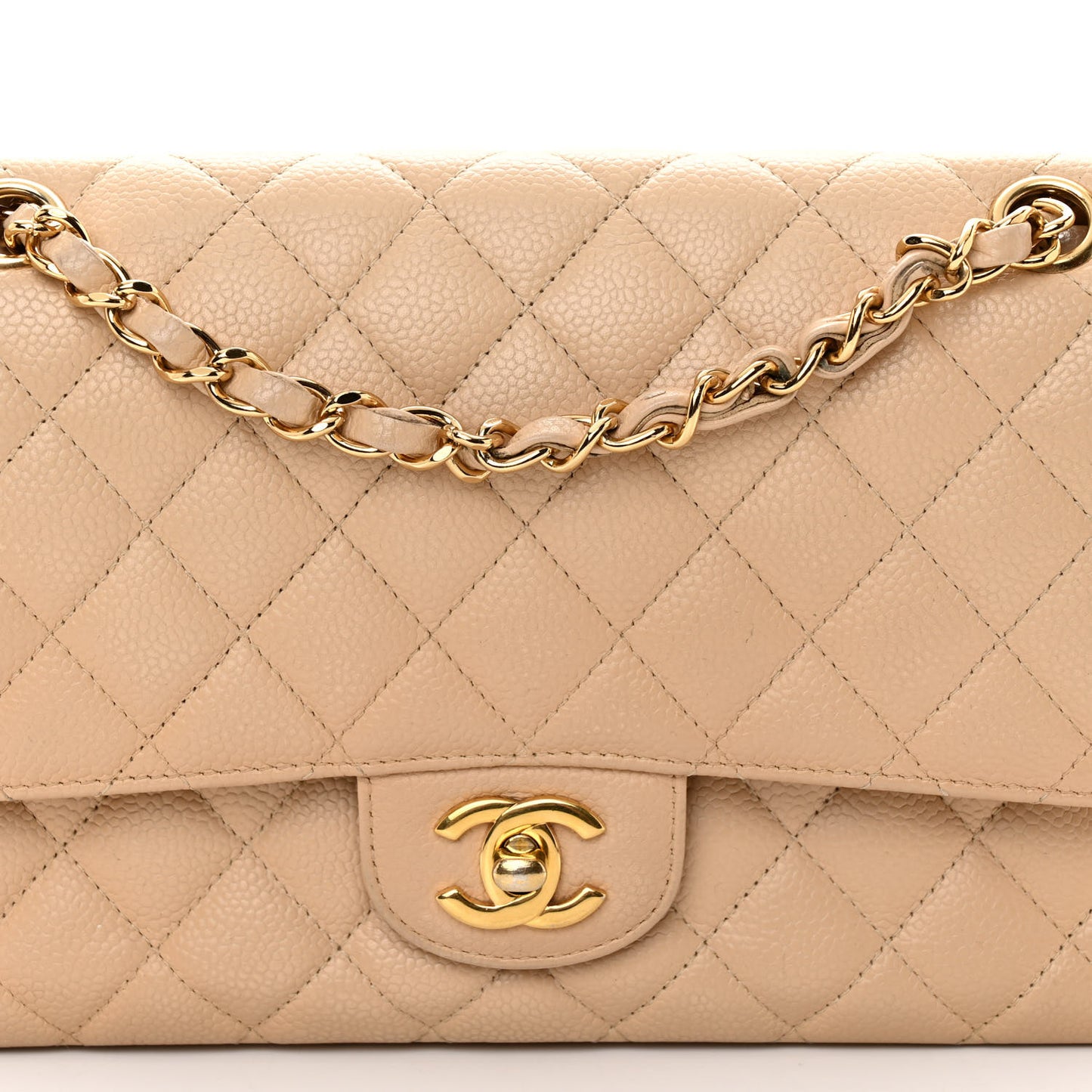 Caviar Quilted Medium Double Flap Beige