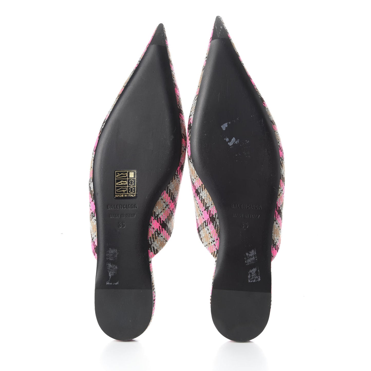 Wool Check Pointed Toe Flat Mules 35 Grey Pink