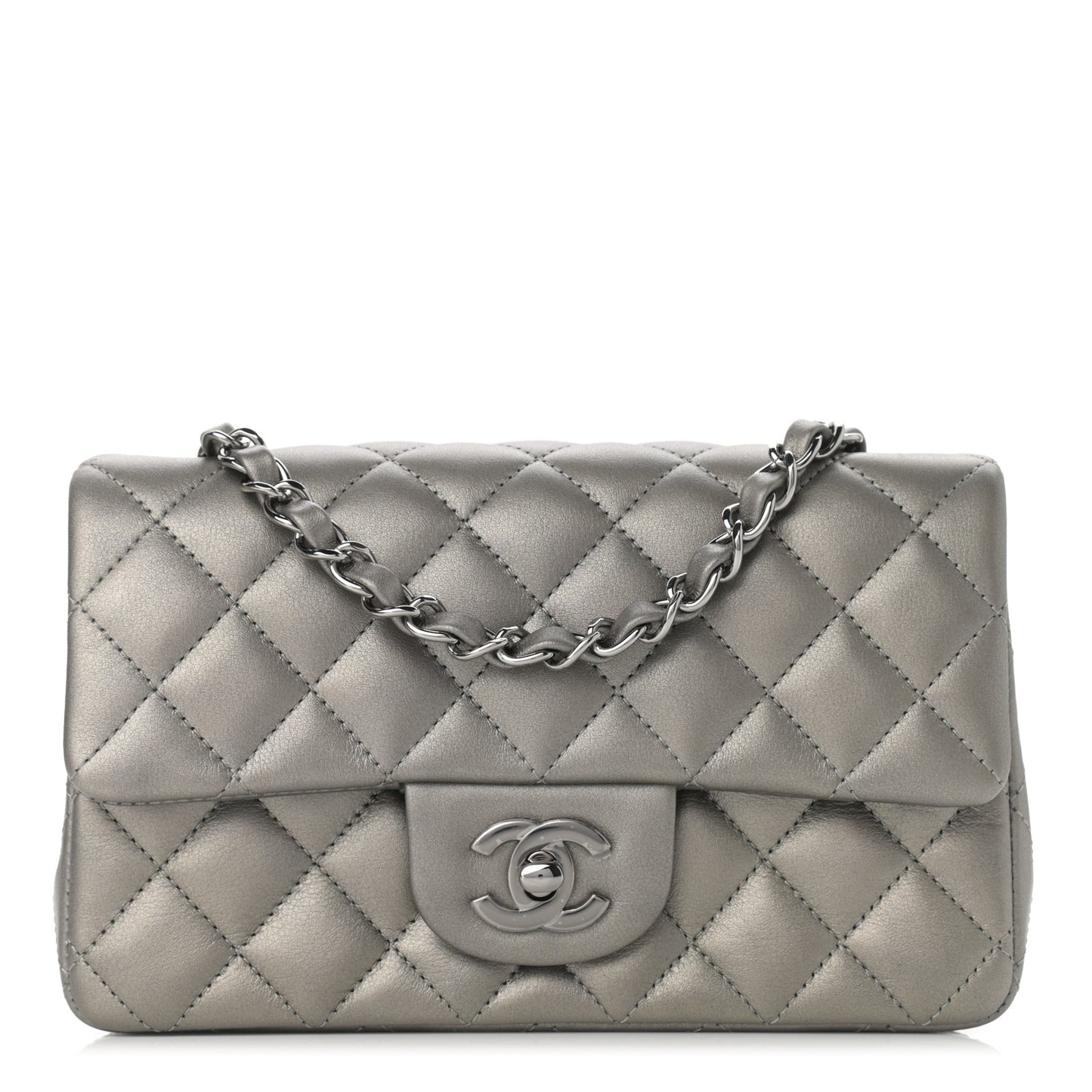 Metallic Calfskin Quilted Mini Rectangular Flap Ruthenium