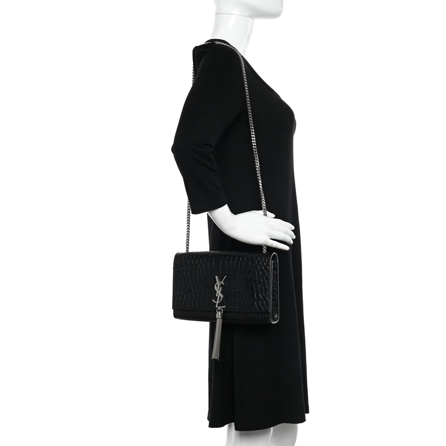 Calfskin Crocodile Embossed Small Classic Monogram Kate Tassel Satchel Black
