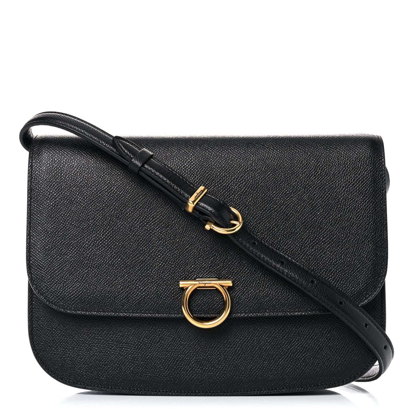 Hammered Calfskin Round Gancini Crossbody Bag Black