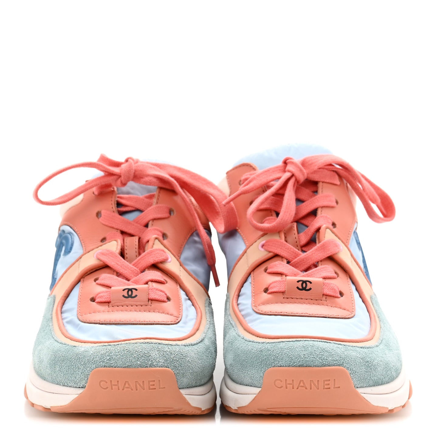 Nylon Lambskin Suede Calfskin CC Sneakers 38.5 Coral Light Blue White