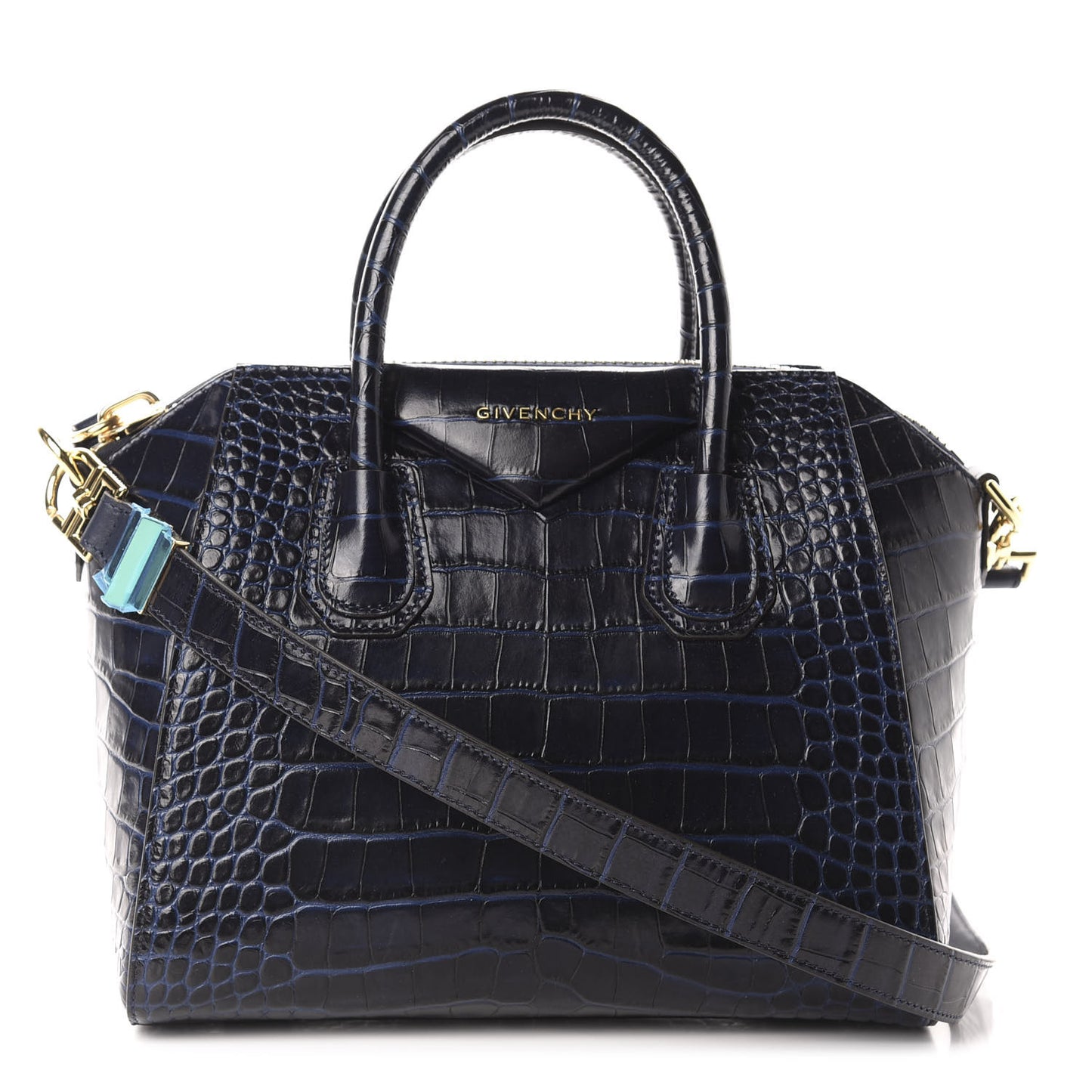 Calfskin Crocodile Embossed Small Antigona Deep Blue
